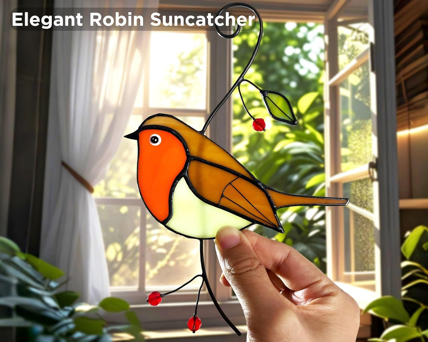 Robin Stained Glass Window Hanging - Handmade Real Glass Robins Suncatcher - Gifts for Women, Mom, Grandma, Mother - Elegant Gifts Box Bird Sculpture Home Decor (H7.5xW5.1 Inch)