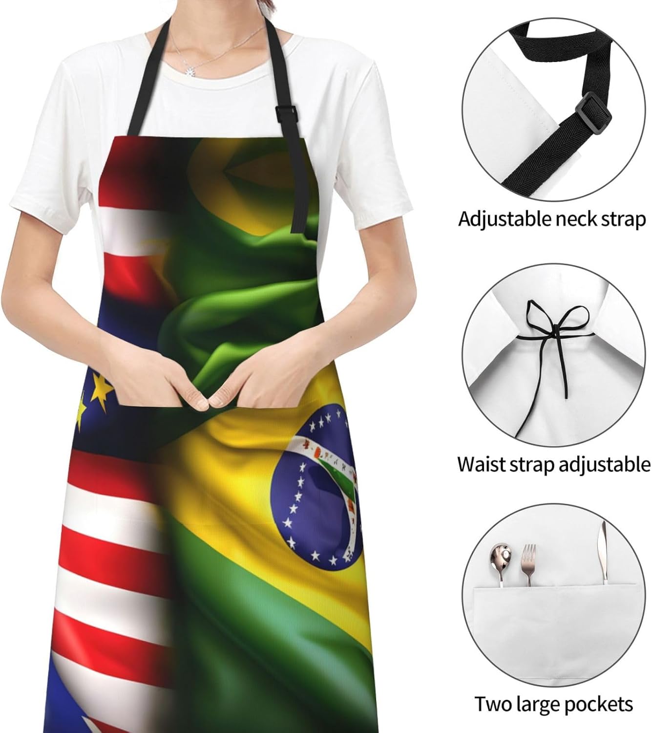 American and Brazilian Flags Print Laundry apron 28x33 In Waterproof Kitchen Apron with Pockets for Cooking Baking