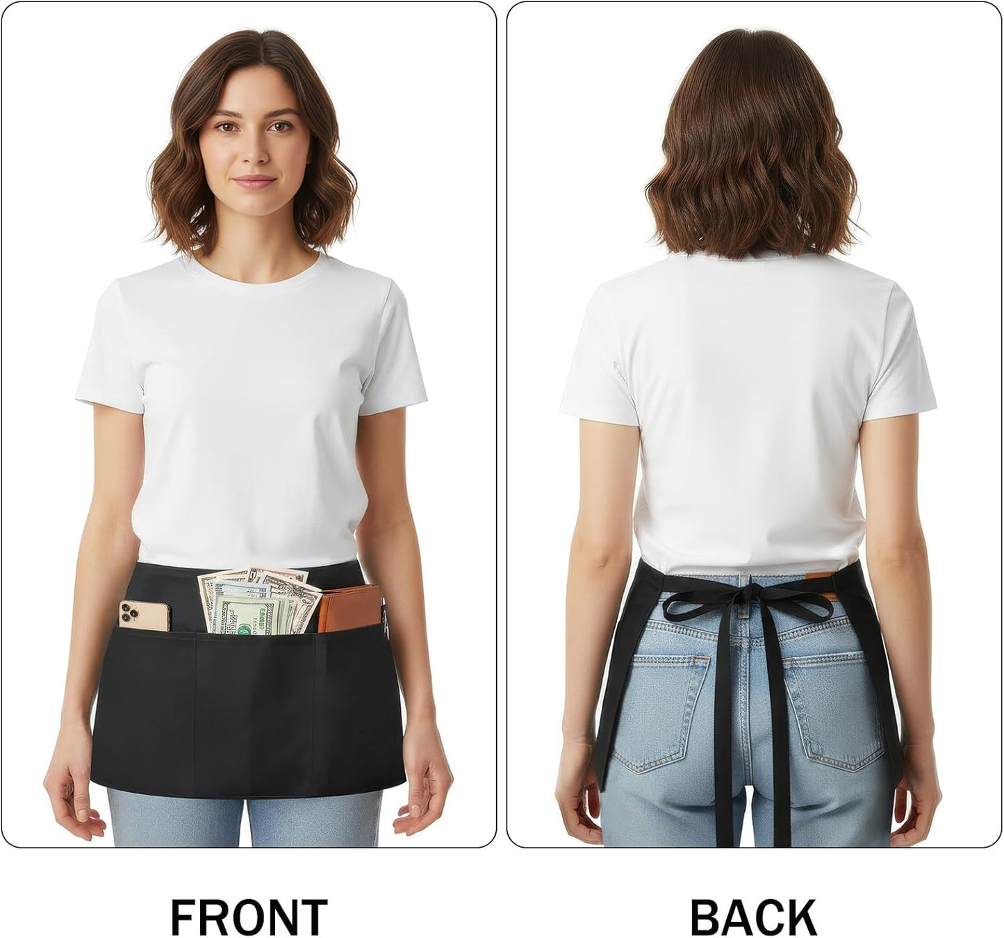 BOHARERS 4 Pack Waitress Apron With 3 Pockets-Black Server Aprons-Wait