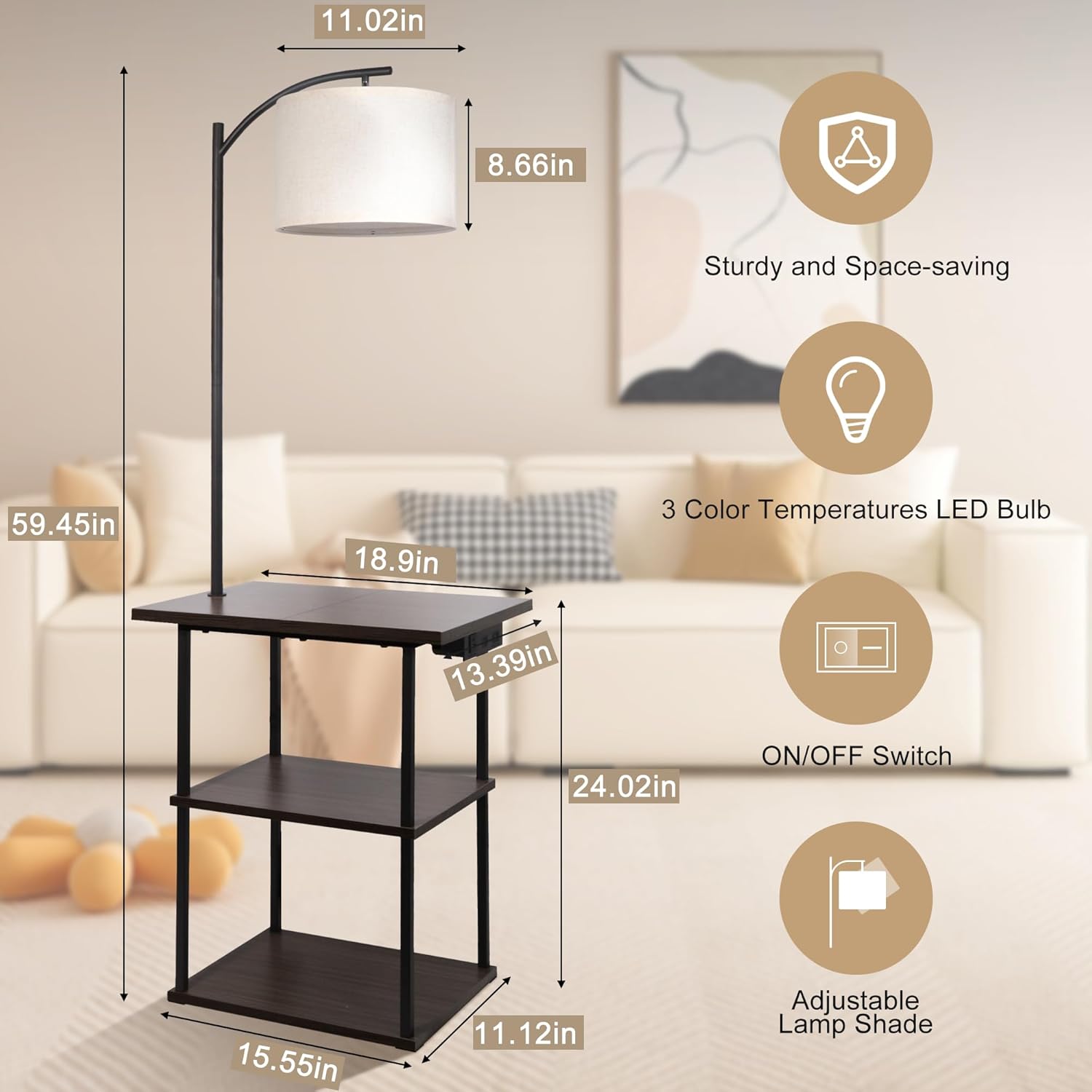 PESRAE Floor Lamp with Table, End Tables with Charging Station(USB & T