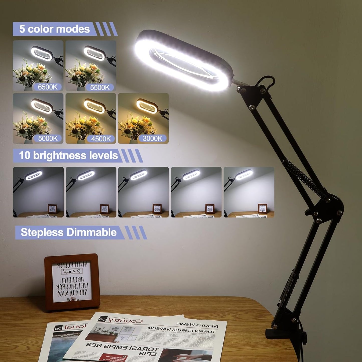 Drdefi 10X Square Magnifying Glass with Light and Stand, Real Glass LED Lighted Magnifier, 5 Color Modes Stepless Dimmable, Hands-Free Mag Desk Lamp with Clamp for Reading Craft Hobby Close Work Black