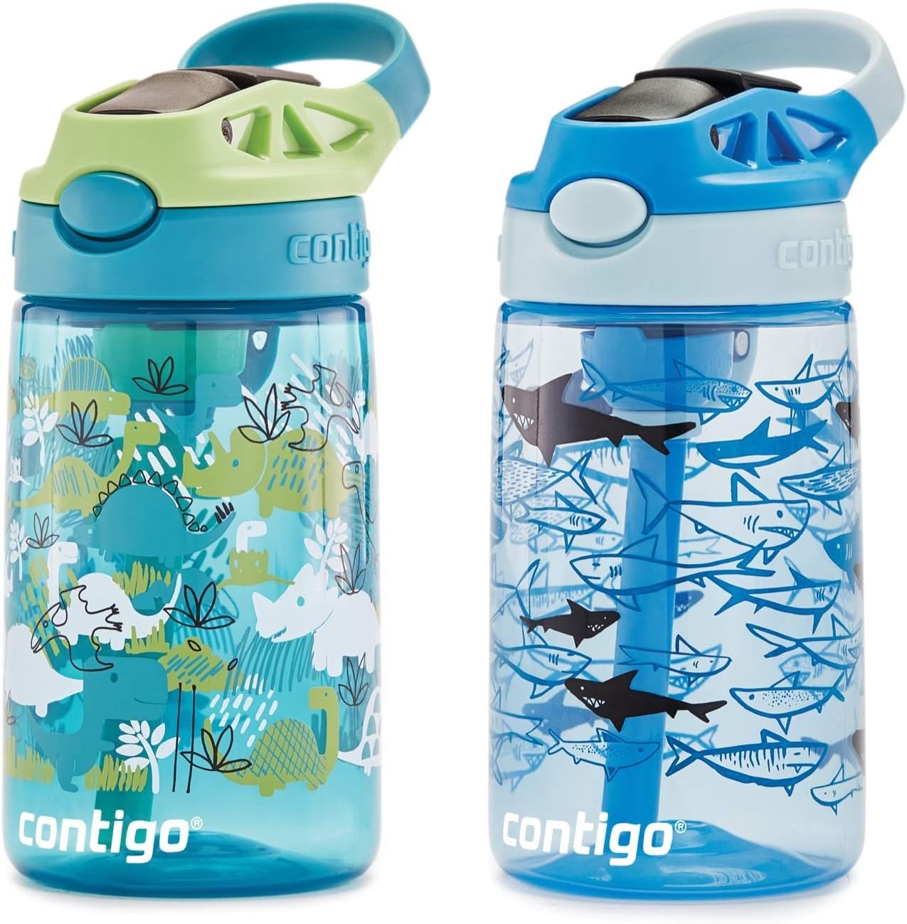 Contigo Aubrey Kids Water Bottle, 2-Pack, 14oz, Dinos & Sharks, Spill-