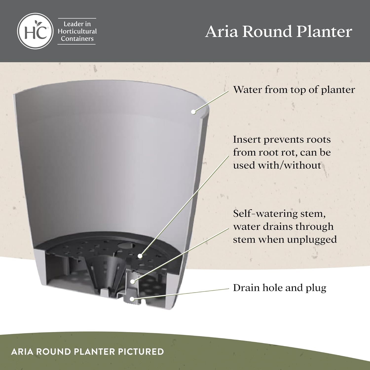 The HC Companies Aria Round Self-Watering Pot - Lightweight Plastic Pl