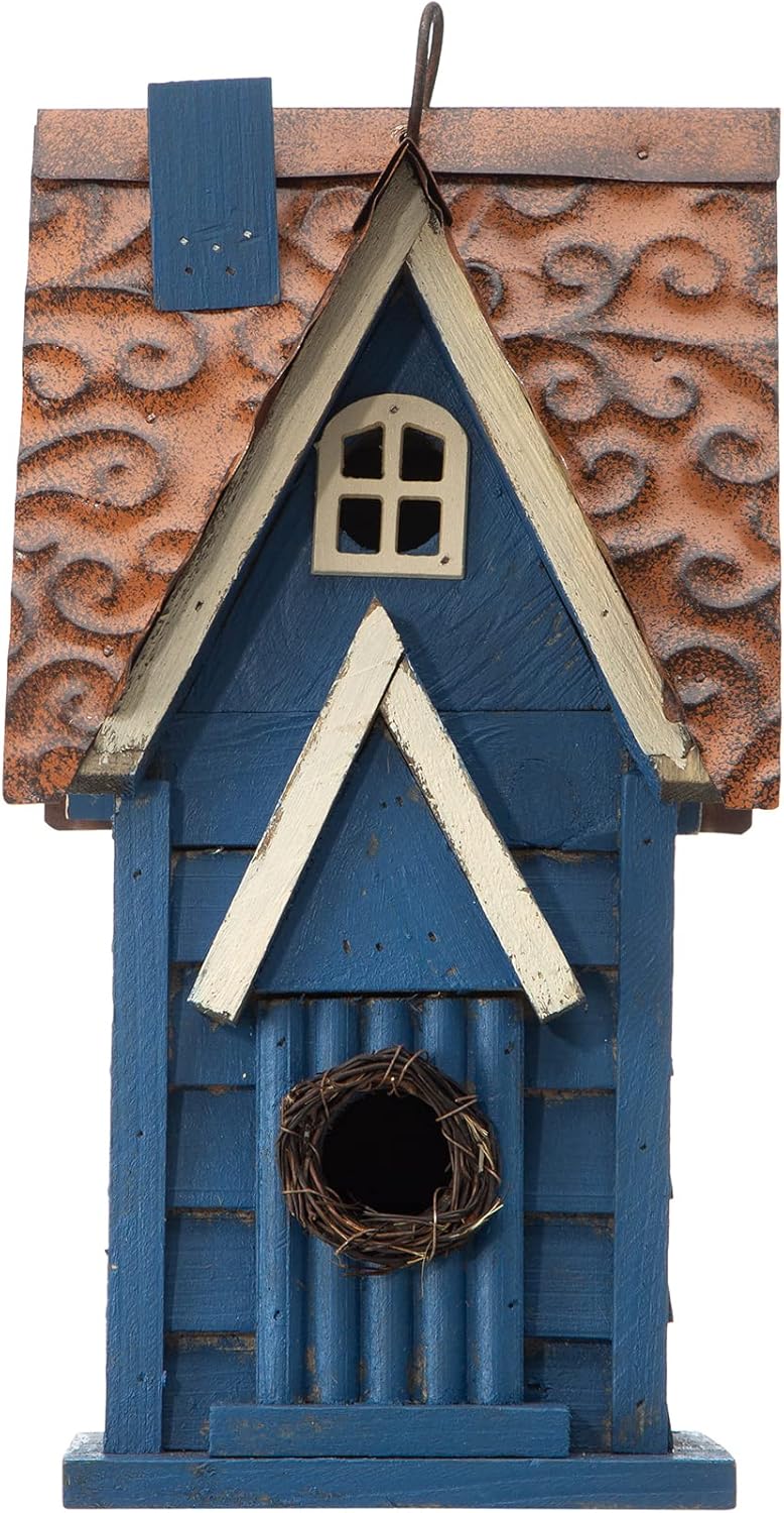 Glitzhome 12" H Hanging Birdhouse Retro Blue Distressed Wooden Cottage Garden Bird House for Outside
