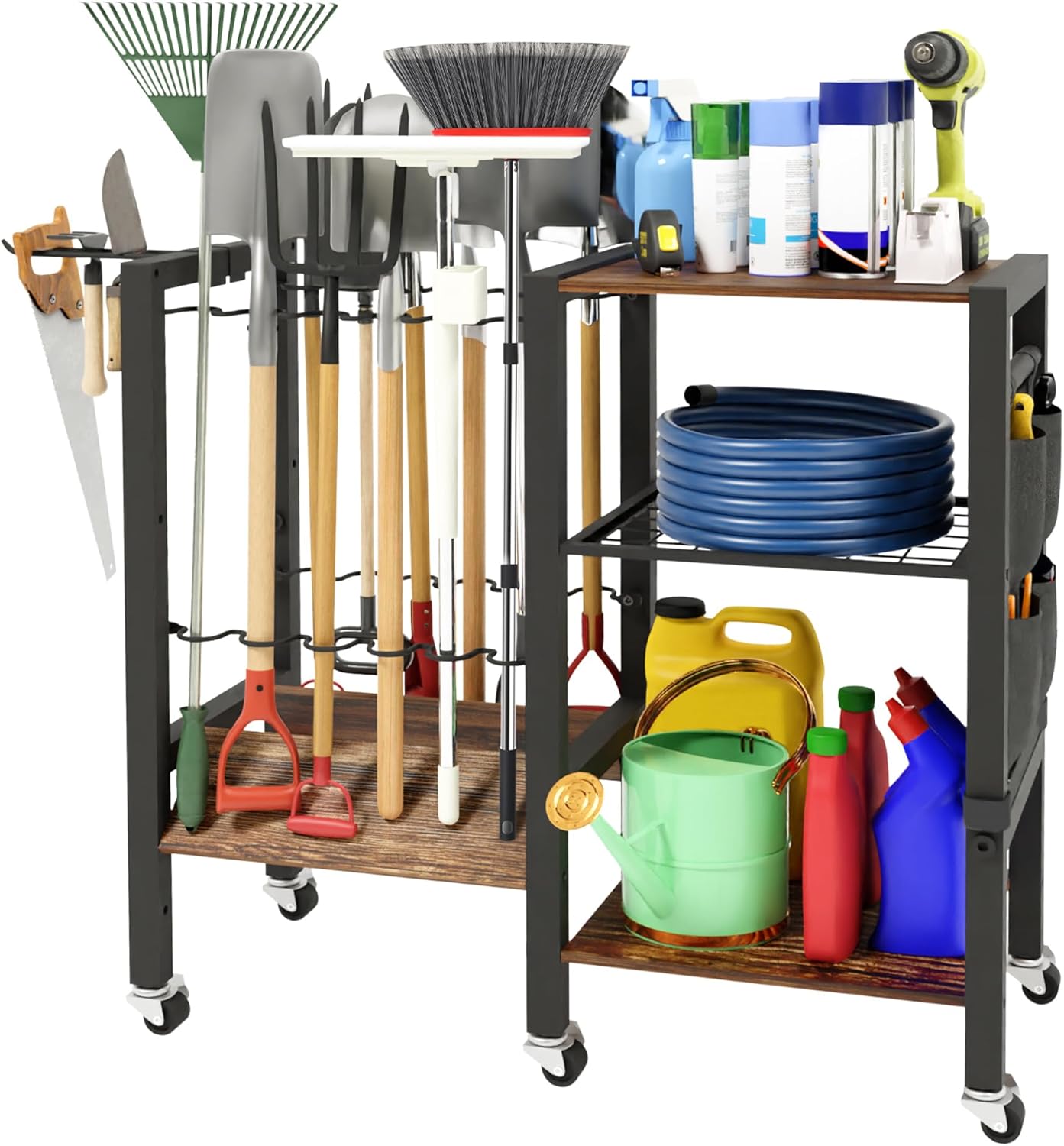 Garden Tool Organizer with Lockable Wheels, Heavy Duty Yard Tool Storage Rack for Shovels and Rakes, 3 Tier Lawn Care Utility Holder with hooks for Garage, Shed, Yard and Laundry Room