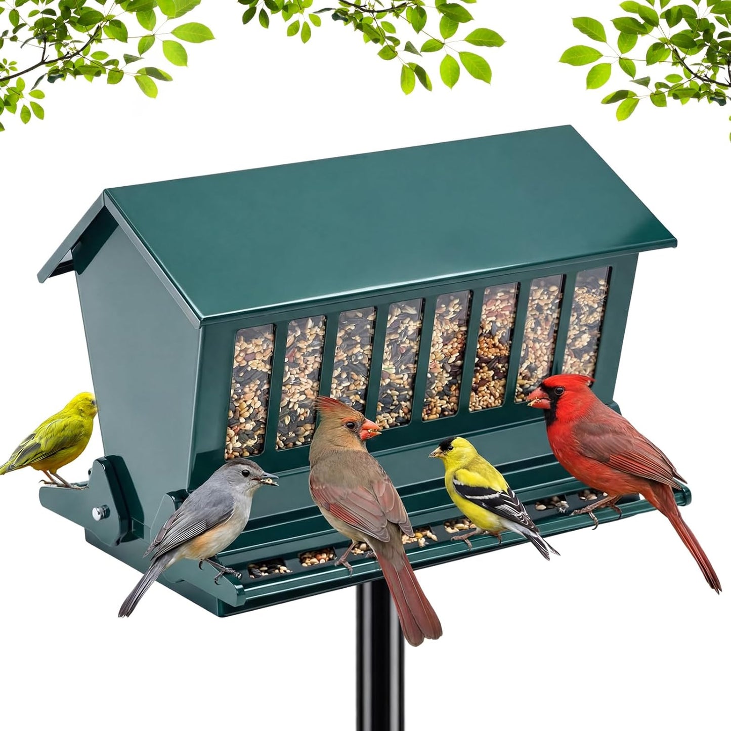 Zonon Squirrel Proof Bird Feeder Metal 12lbs Large Capacity for Cardinals Chickadees Green Bird Feeder on Pole for Outdoors
