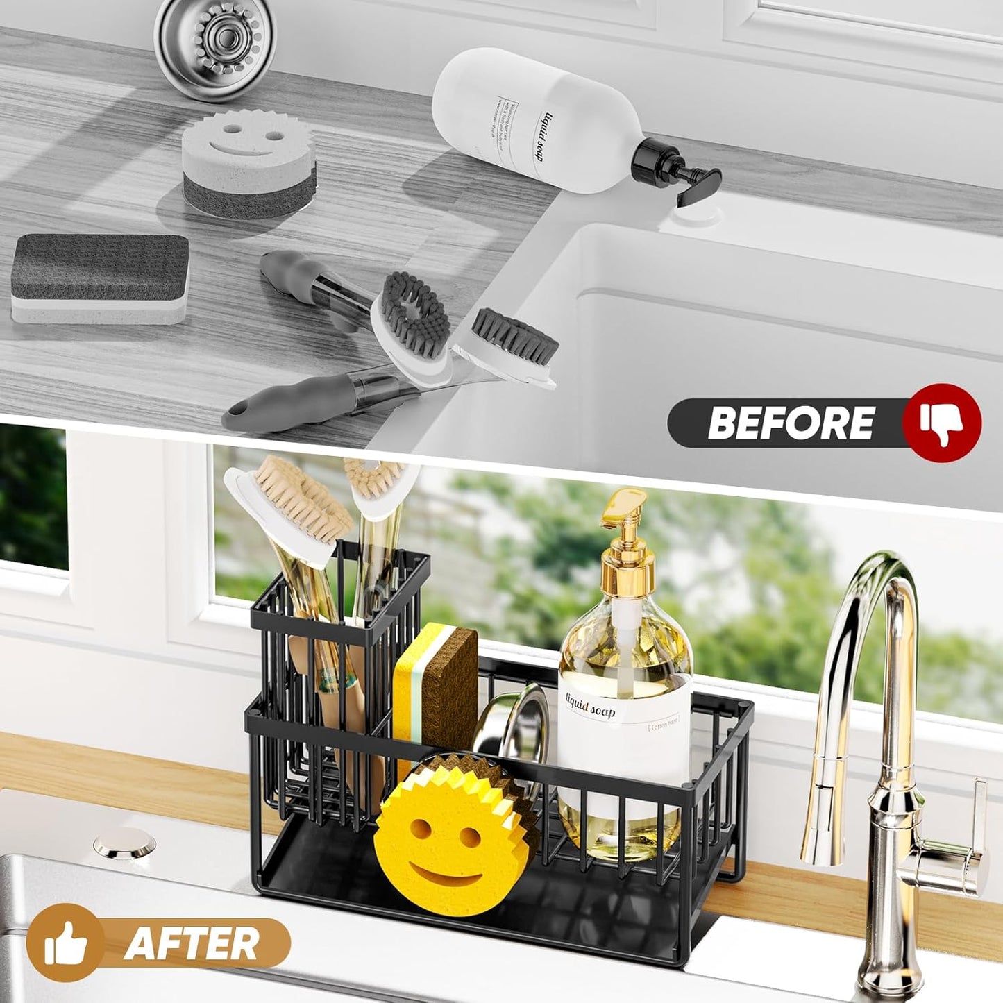 Sponge Holder for Kitchen Sink,Smiley Face Sink Caddy with Removable B