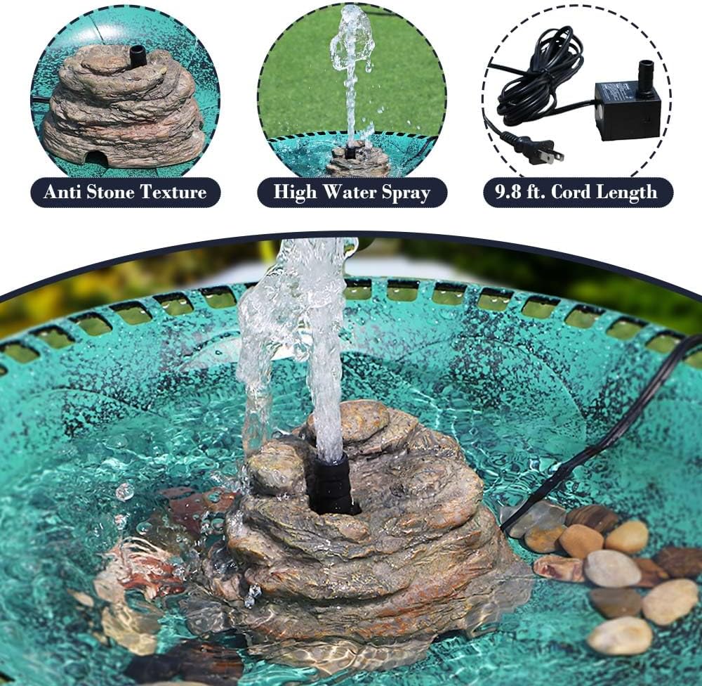 Bird Bath Water Fountain Resin Rock Fountain with 9.8ft Cord Length Water Pump Rock Waterfall for Hummingbird Birdbath Outdoor Decor for Garden Lawn Fish Tank and Aquariums (Brown)