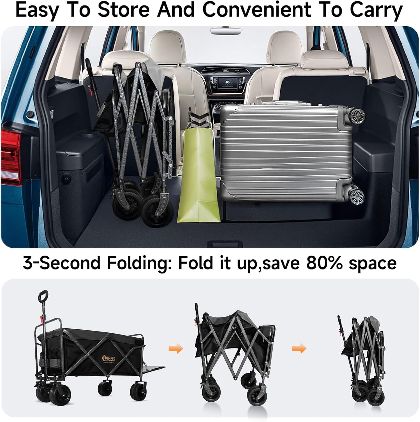 56" Large Collapsible Folding Wagon with Tailgate and Brake, 600LBS He