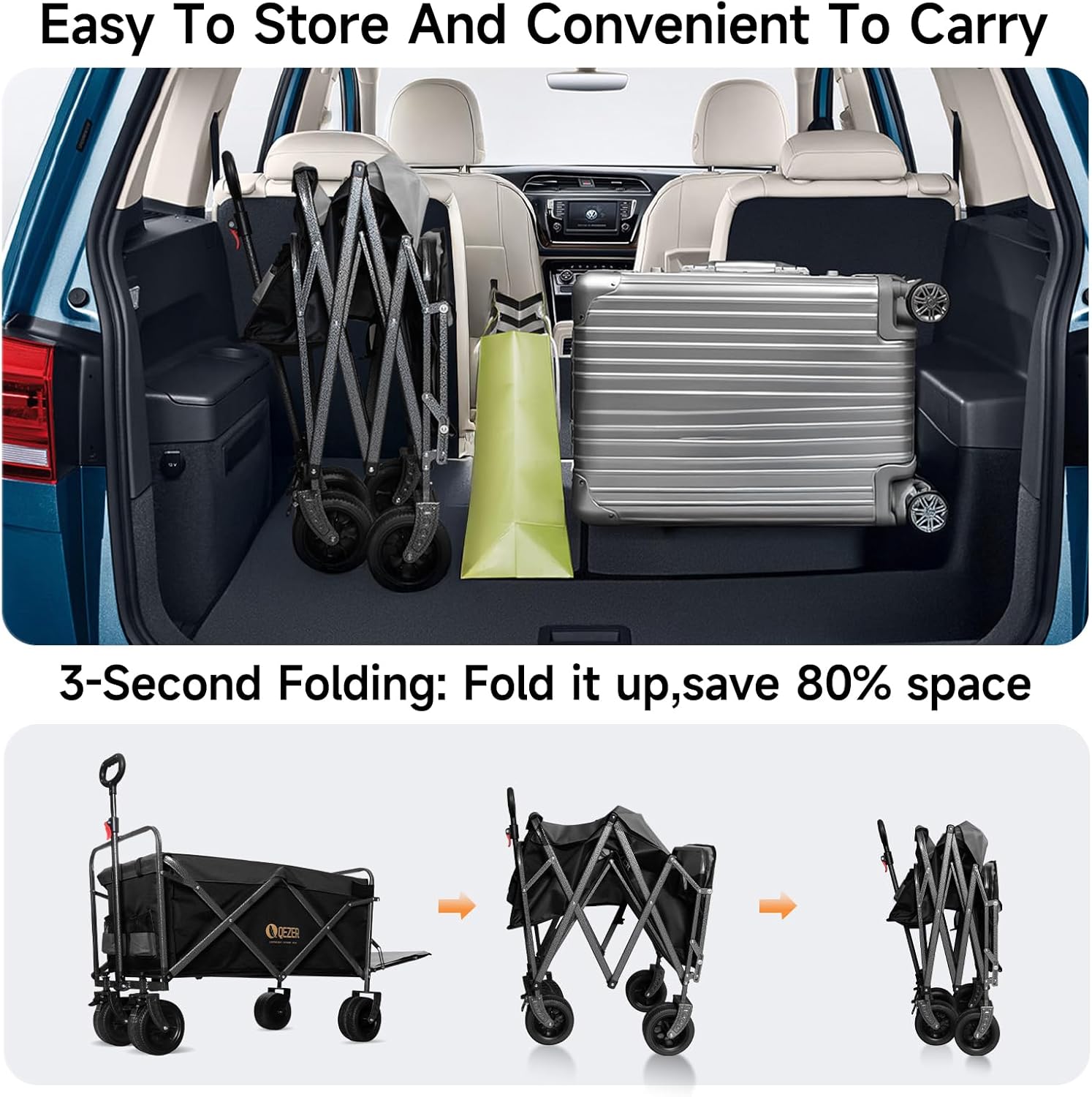 56" Large Collapsible Folding Wagon with Tailgate and Brake, 600LBS He