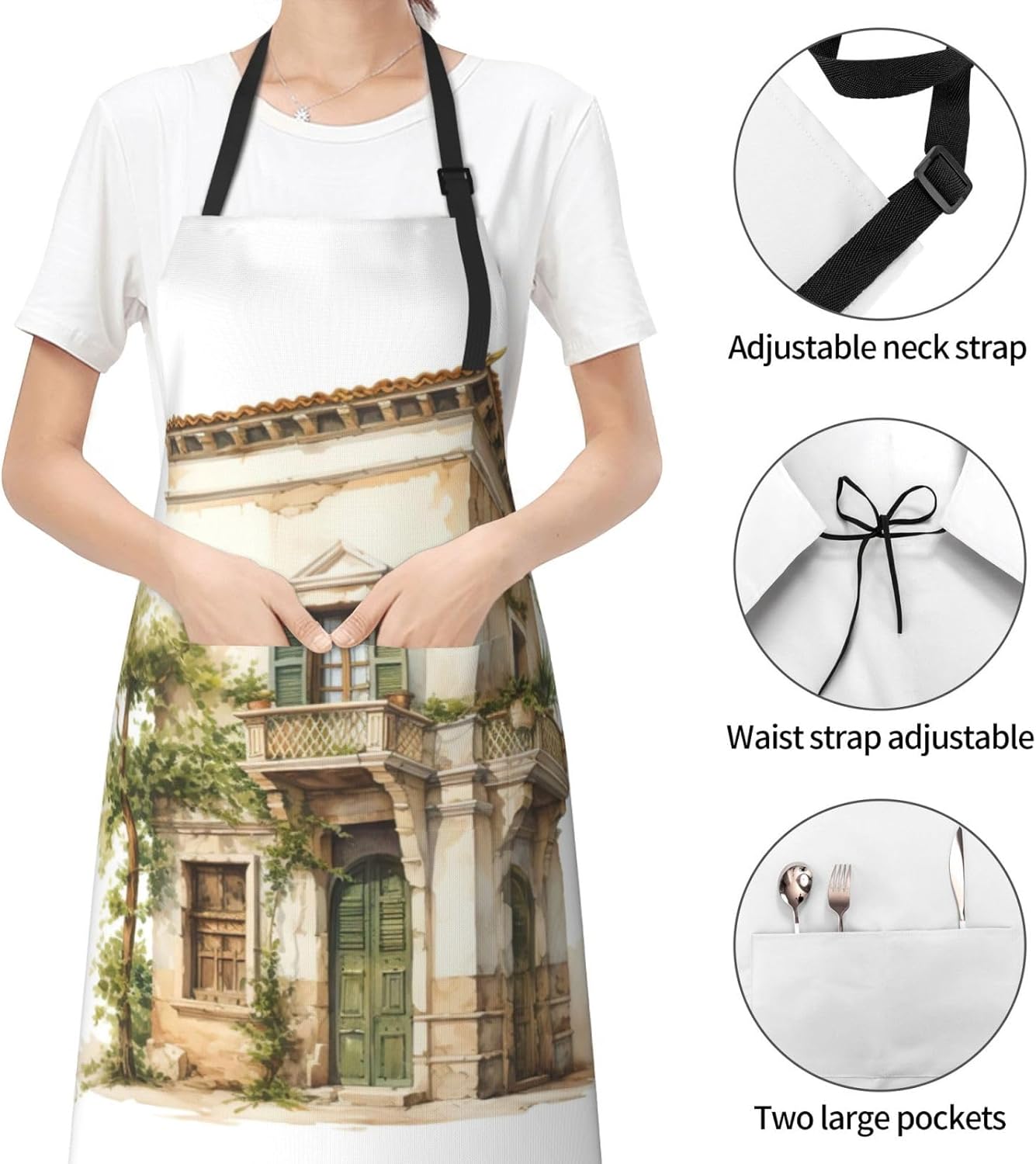 Antique Building with Roman Olive Branch and Greek print Waterproof chef's apron with pocket apron for kitchen cooking baking barbecue and gardening