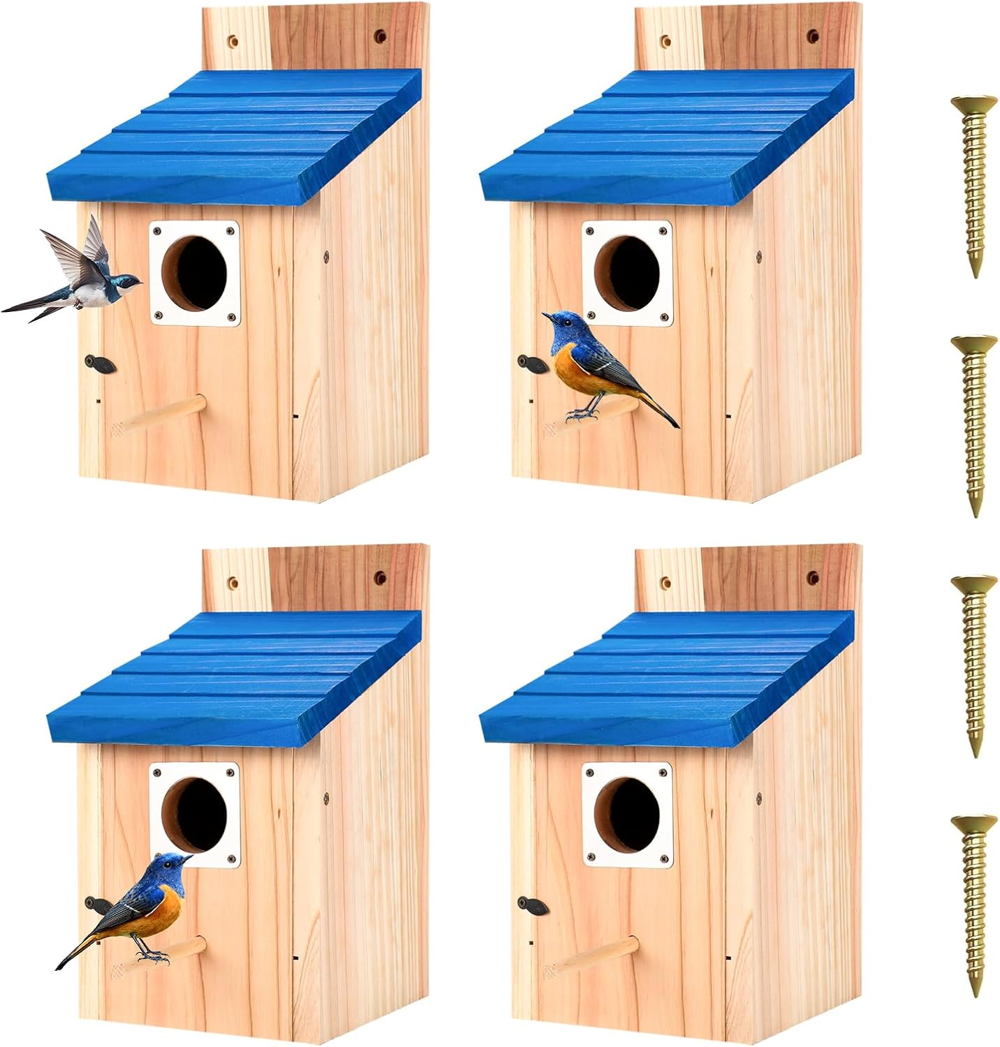 4-Pack Blue Wooden Bird Houses for Outdoors with Predator Guard, Blueb