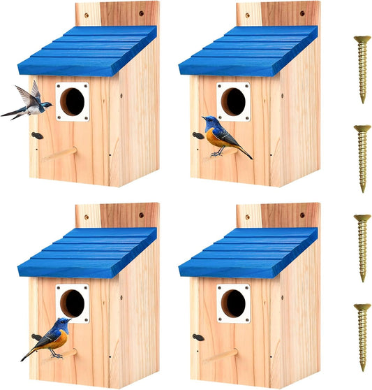 4-Pack Blue Wooden Bird Houses for Outdoors with Predator Guard, Blueb