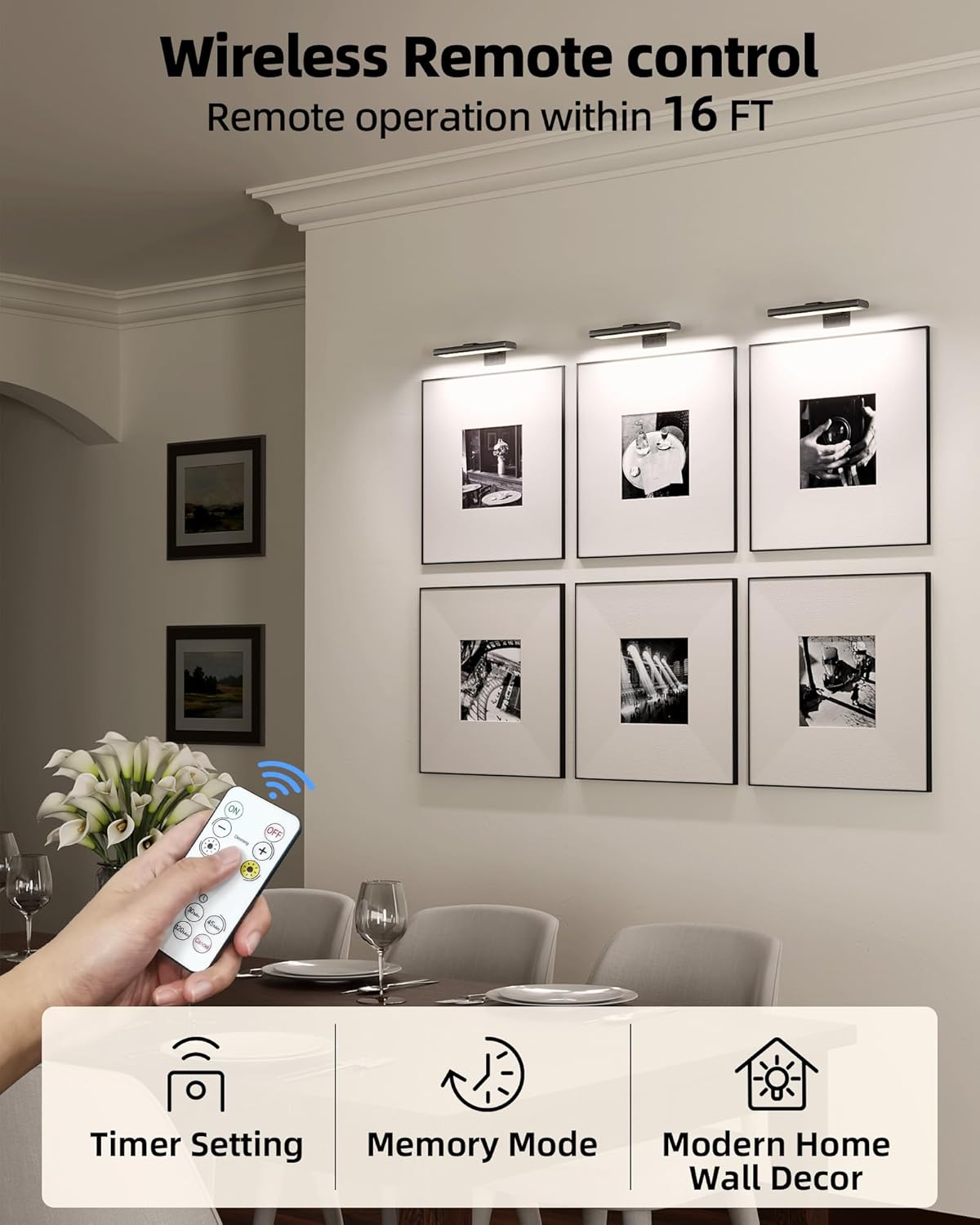 EZVALO Picture Light for Wall, Rechargeable 2400mAh Battery Lights Wireless Remote, 3 Color & Dimmable Magnetic 7.8'' LED Lights Display for Painting, Living Room, Gallery, Bedroom(Black-3P)