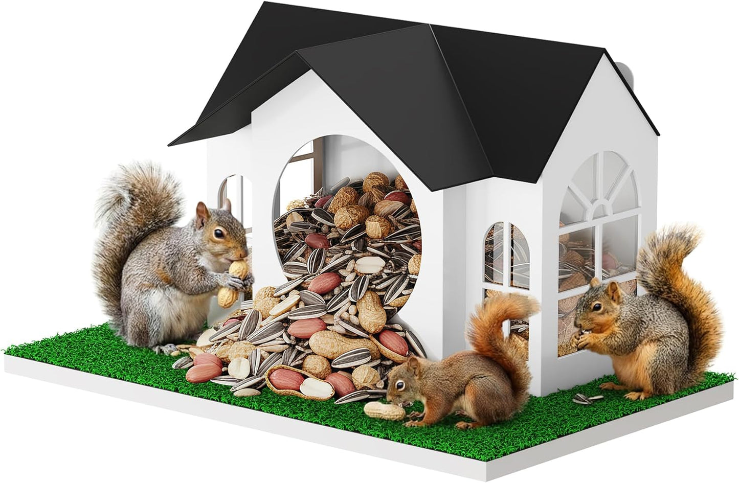NiHome Outdoor Metal Squirrel Feeder Hanging House, Tree Mounted Squirrel Feeder Large Capacity, Weather Resistant with Acrylic Front, Tree Hanging Food Station for Patio, Backyard and Garden