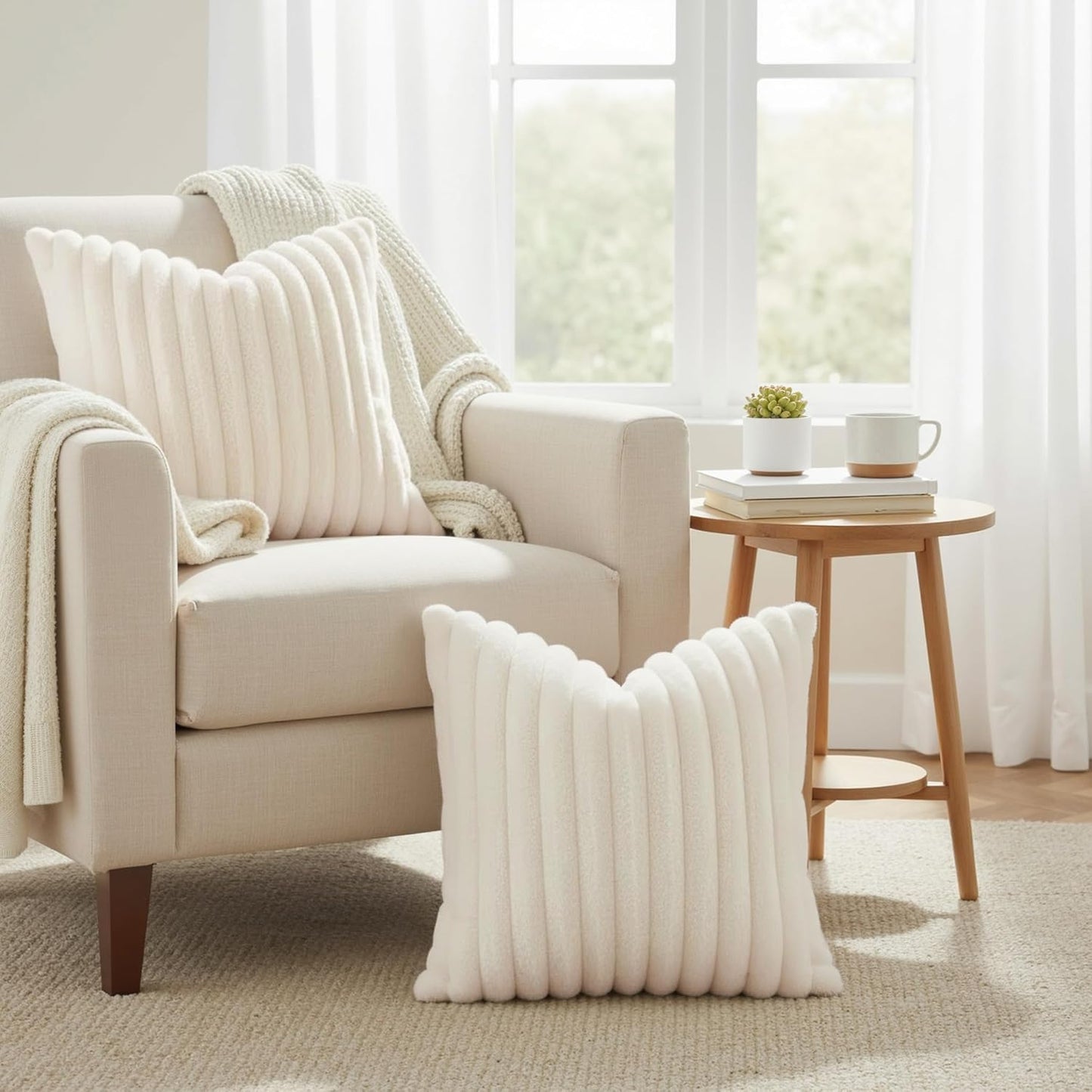 decorUhome Cozy Faux Fur Spring Throw Pillow Covers 18x18 Set of 2 Decorative Soft Plush Striped Modern Farmhouse Boho Couch Pillow Cases with Velvet Back for Sofa Bed Living Room, Cream White