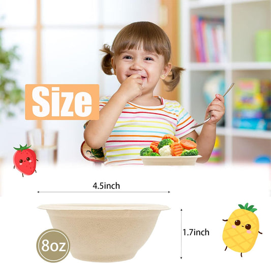 100 Pack 8oz Compostable Paper Bowls,Heavy-Duty Disposable Natural Bag