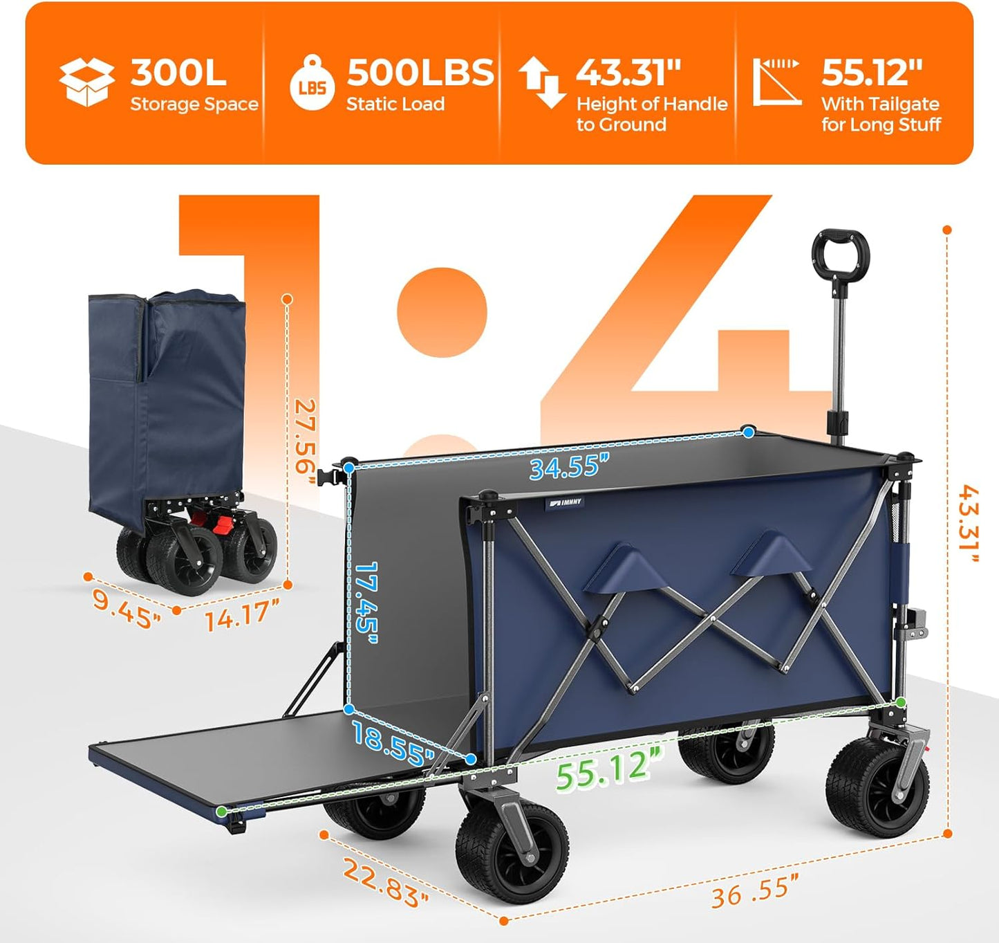 55" Collapsible Wagon with Tailgate & Brakes - 500LBS Heavy Duty Multi-Terrain Cart, 300L Foldable Utility Wagon with Cup Holders & Side Pockets for Beach Sand Camping Sports Shopping (Blue)