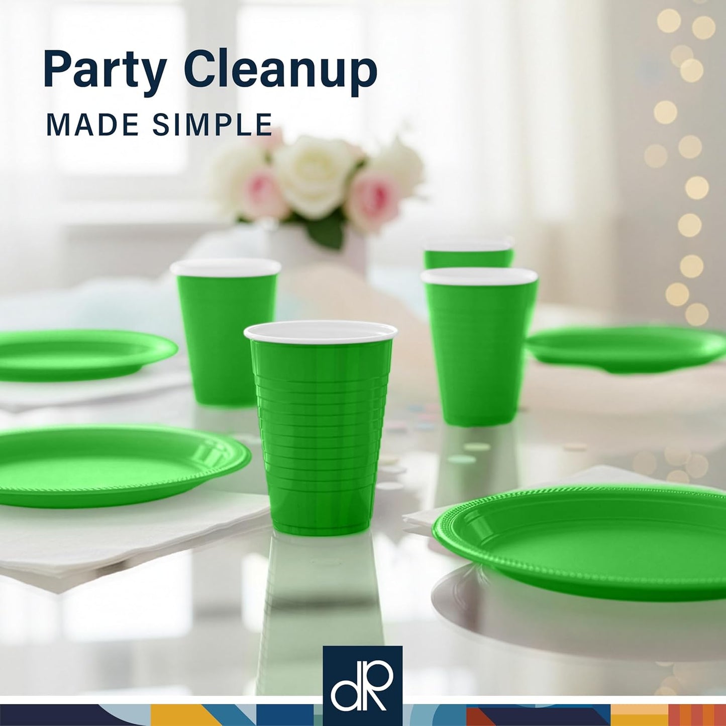 DecorRack Dark Green Plastic Cups, 12 oz Disposable Cups, Reusable Party Supplies (40 Count)