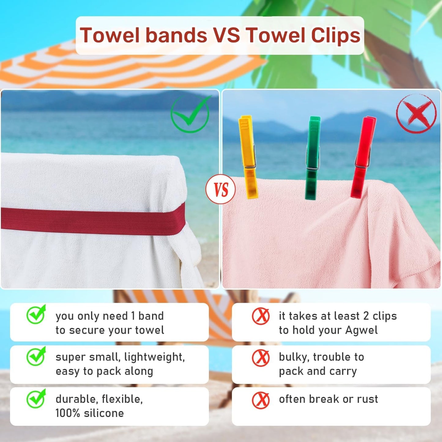 Beach Towel Bands (4 Pack), Beach Chair, Pool Chairs & Cruise Ship Essentials, Windproof Towel Clips (4 Mix)