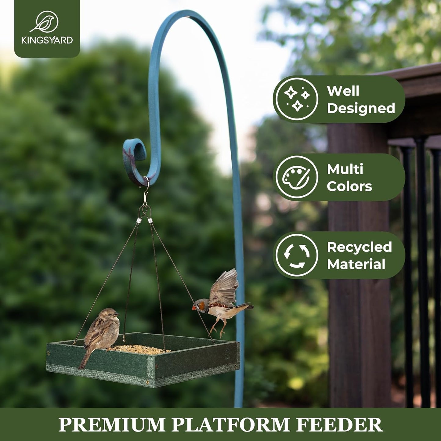 Kingsyard WPC Composite Platform Bird Feeder for Outside, Heavy Duty Hanging Tray for Mealworms & Seeds, 3.5 lbs Large Capacity, Weatherproof Recycled Plastic Material, Easy to Clean, Green