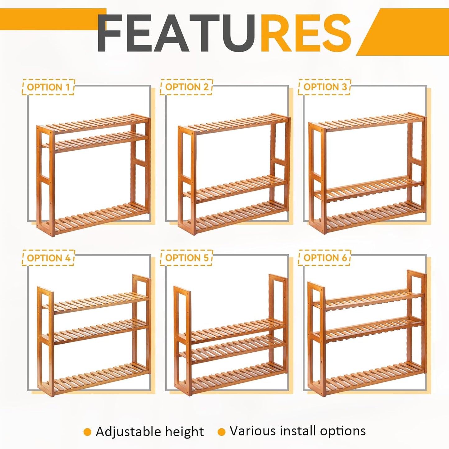 Wood Bathroom Shelf, 3-Tier Adjustable Shoes Rack&Plants Rack, Wall-Mo