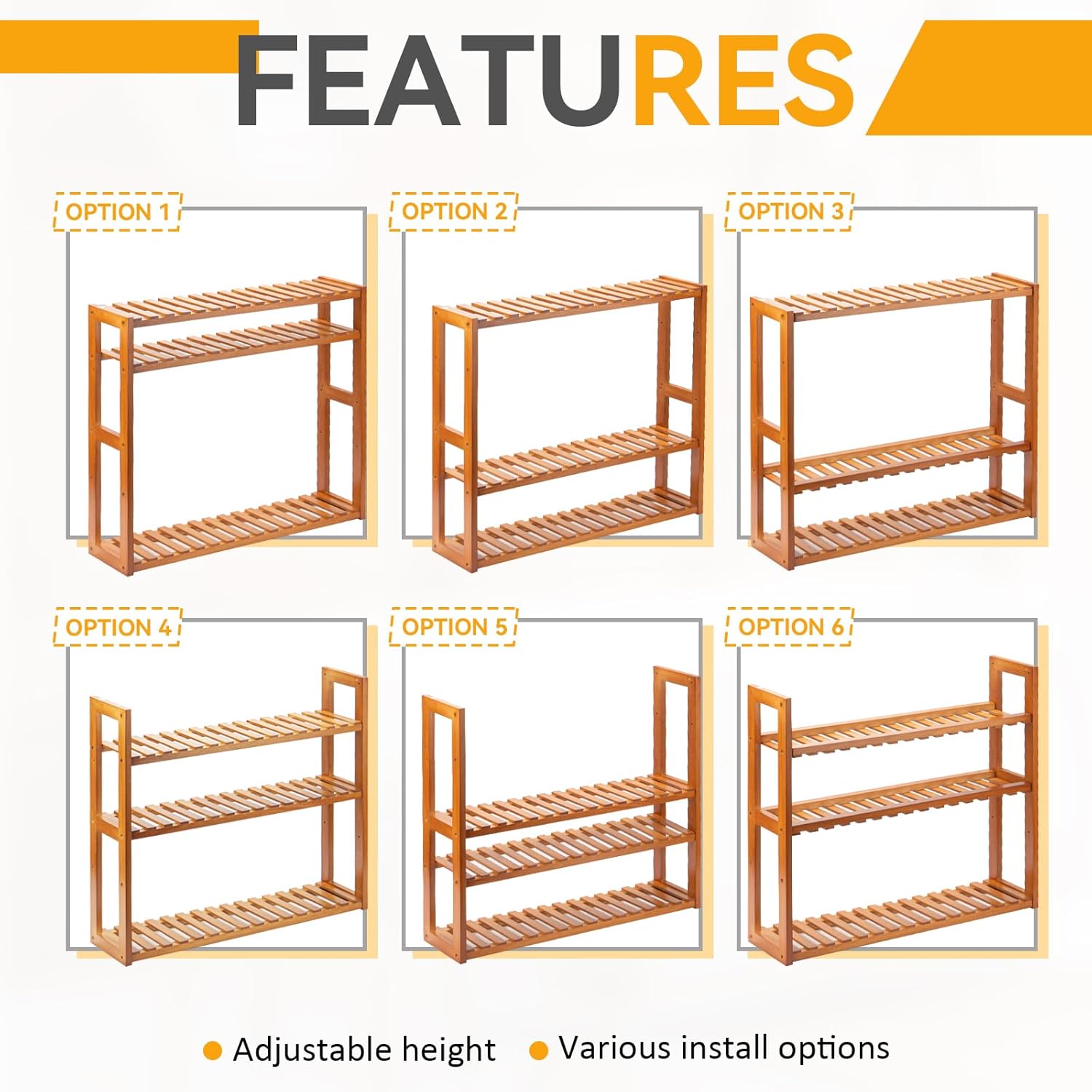 Wood Bathroom Shelf, 3-Tier Adjustable Shoes Rack&Plants Rack, Wall-Mo