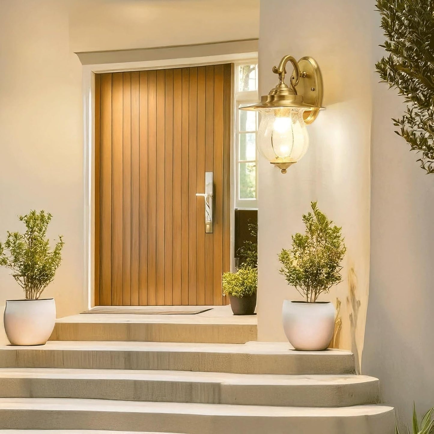 Solar Outdoor Wall Light, Exterior Mounted Sconce, Stainless Steel Lantern with Water Ripple Glass Shade, Waterproof Dusk to Dawn LED Lighting Fixture for Porch Patio Garden Entryway Cottage