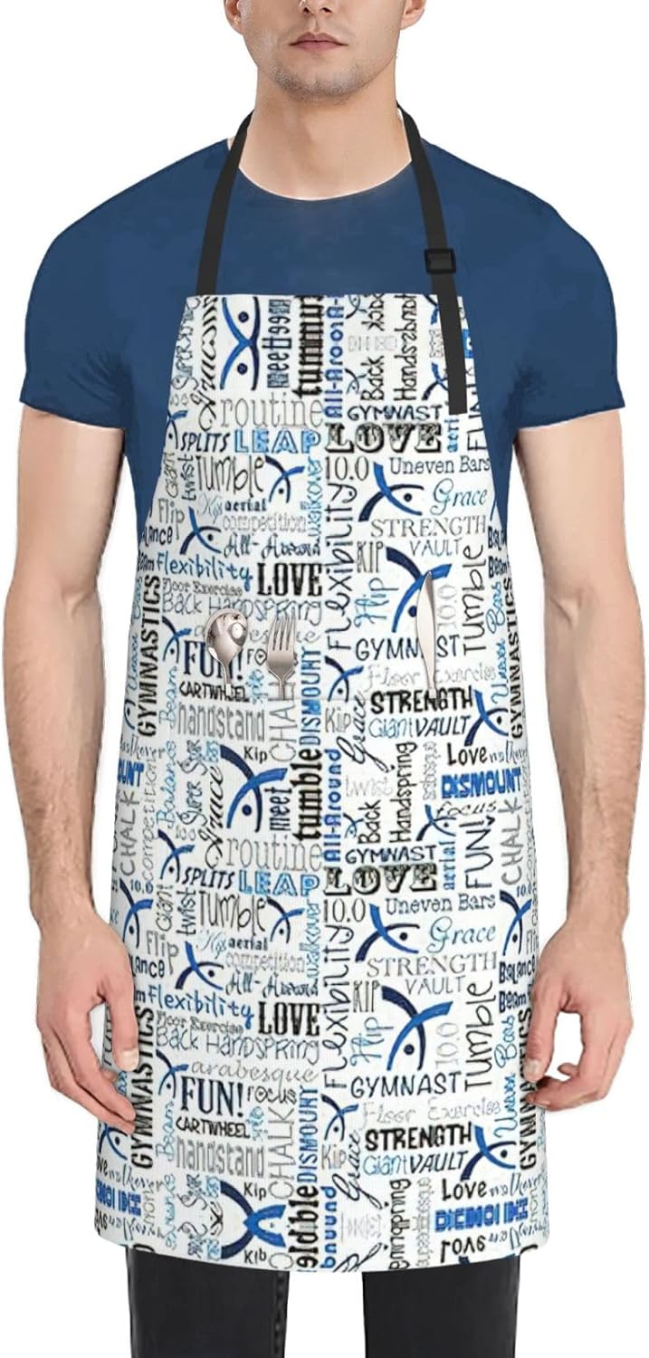 Gymnastics Blue print Waterproof apron with pocket adjustable cooking apron for adult kitchen bibs to bake