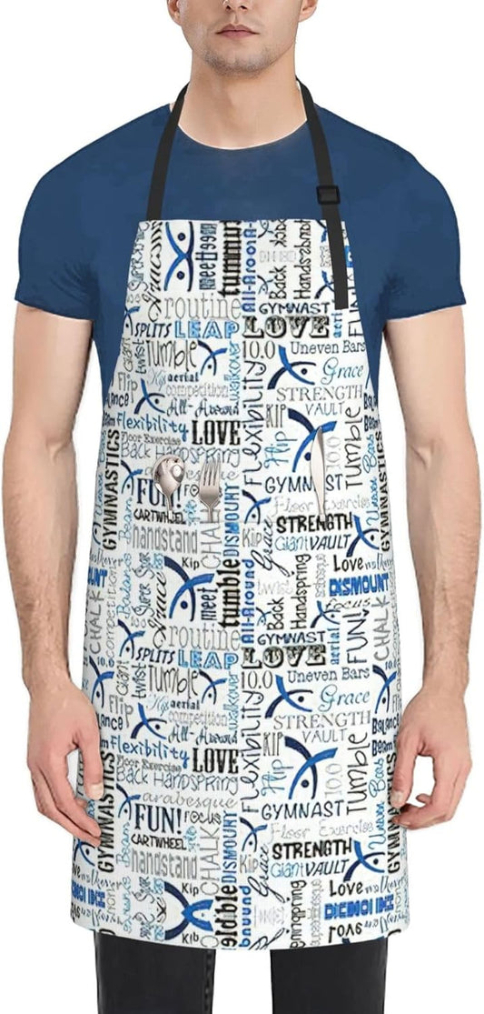 Gymnastics Blue print Waterproof apron with pocket adjustable cooking apron for adult kitchen bibs to bake