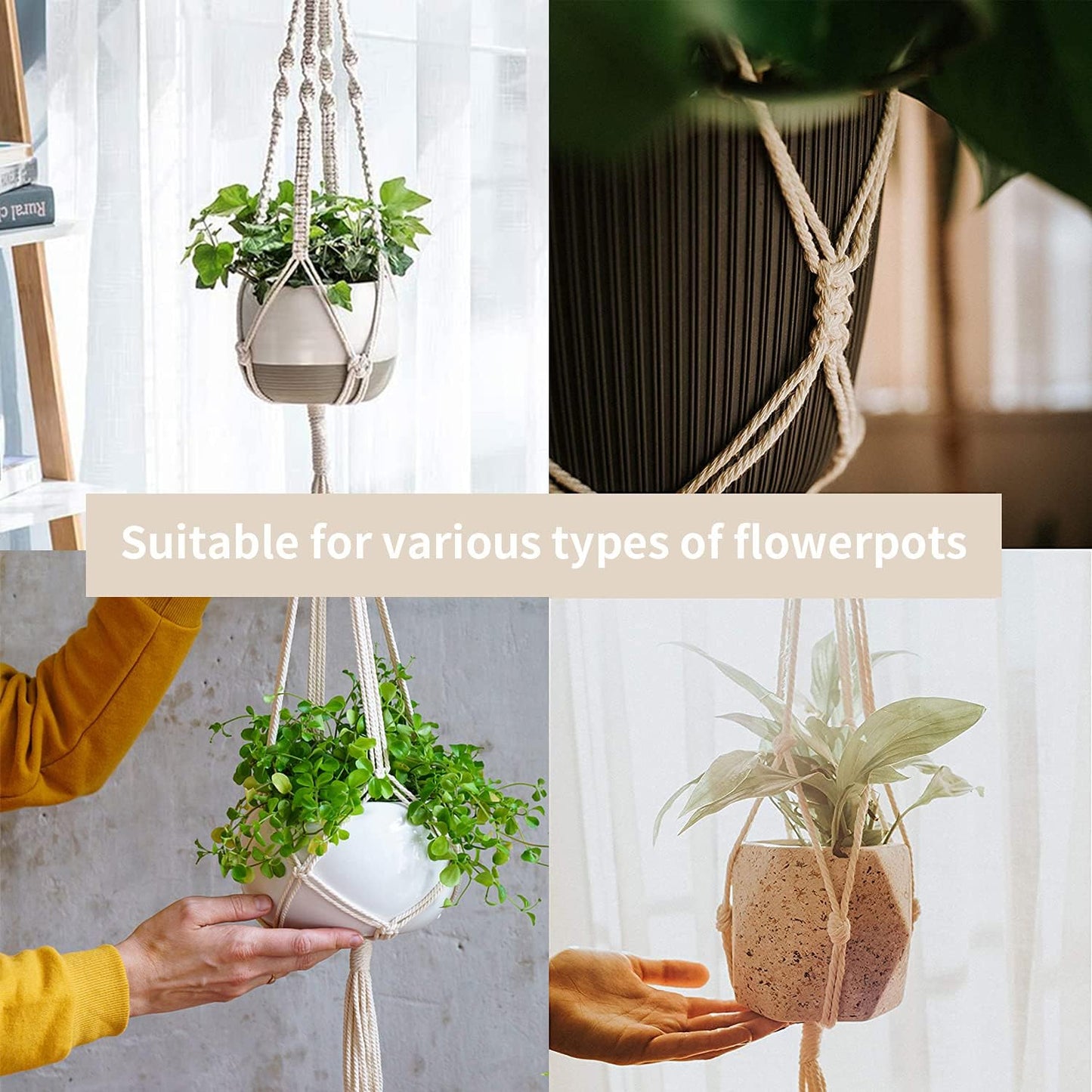 Laerjin Macrame Plant Hangers, Set of 6 Handmade Hanging Plant Holder Basket Stand Decorative Flower Pot Holder - Cotton Rope, 4 Legs, 4 Types