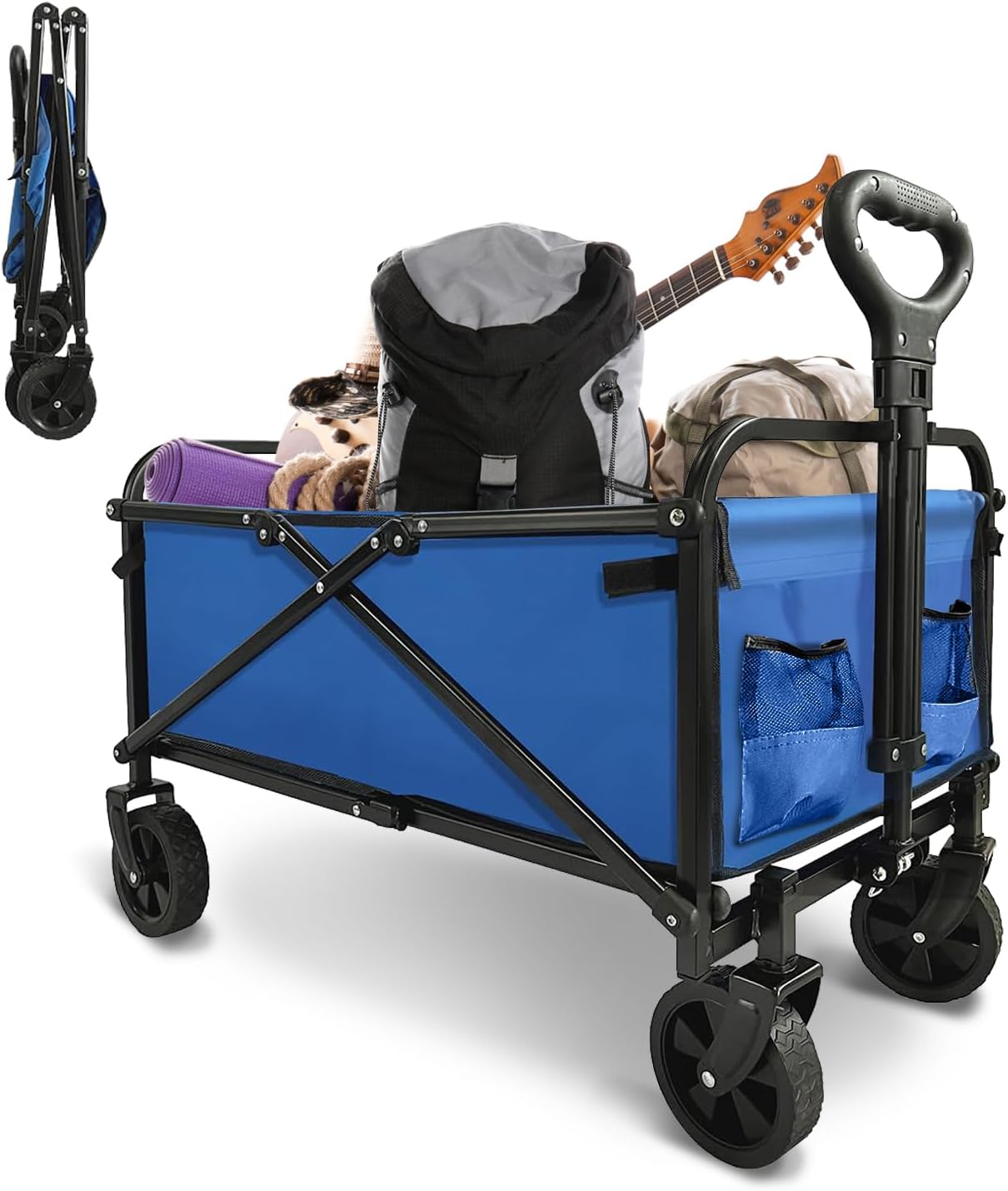 Collapsible Wagon with Quiet Wheels - Silent Grocery Shopping Cart for Seniors, Foldable Utility Cart for Laundry & Apartment, Washable Heavy Duty Rolling Wagon with Two Mesh Pockets, Blue