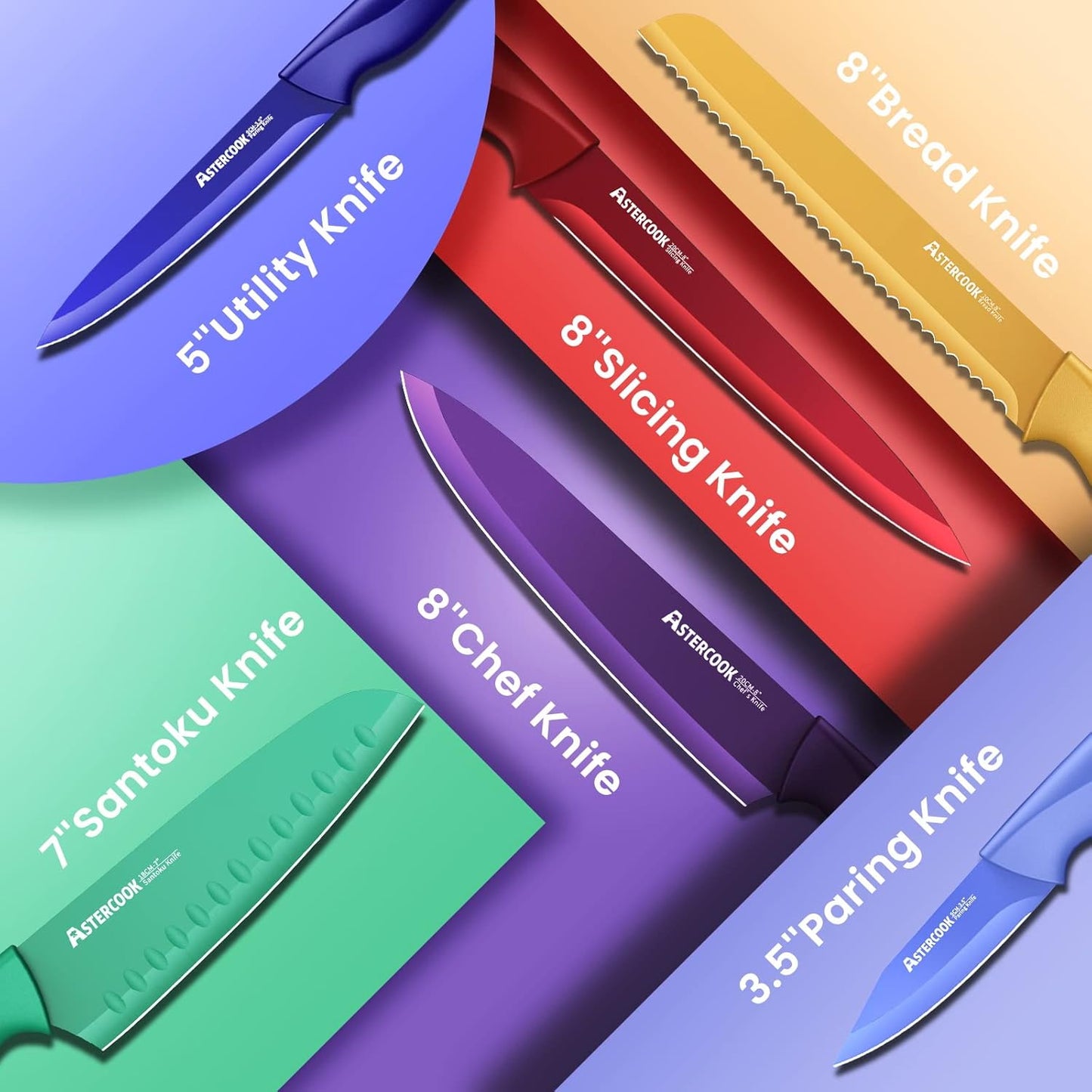 Astercook Knife Set, 12 Pcs Color-Coded Kitchen Knives Set, 6 Color An