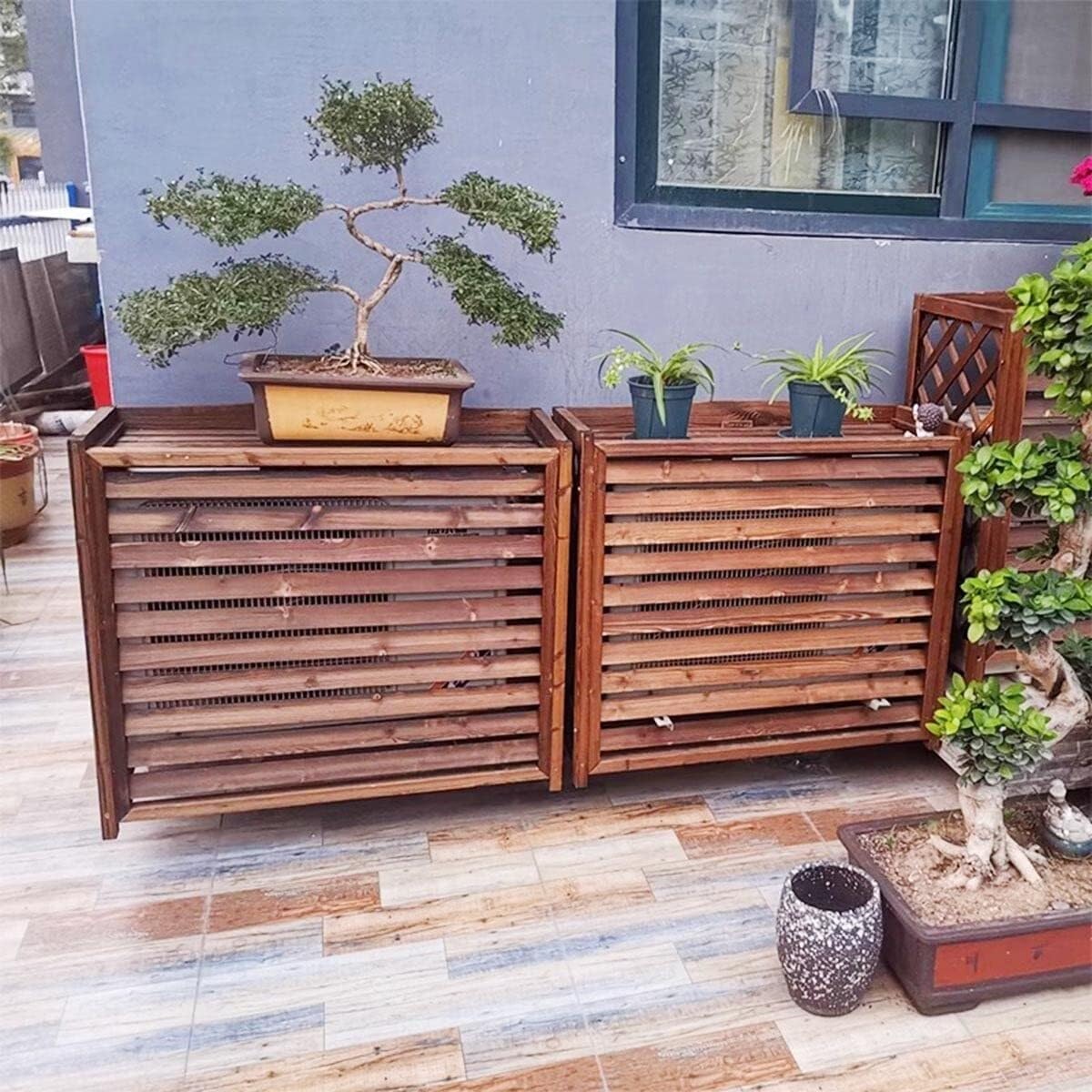Wooden Air Conditioner Cover & Privacy Screen with Flower Stand, Louvered Frame for Outdoor AC Units, Plant Display Rack, 4 (100x43x94cm/39.3x17x37in) (Brown 85x35x75cm/33.4x13.7x29.5in)