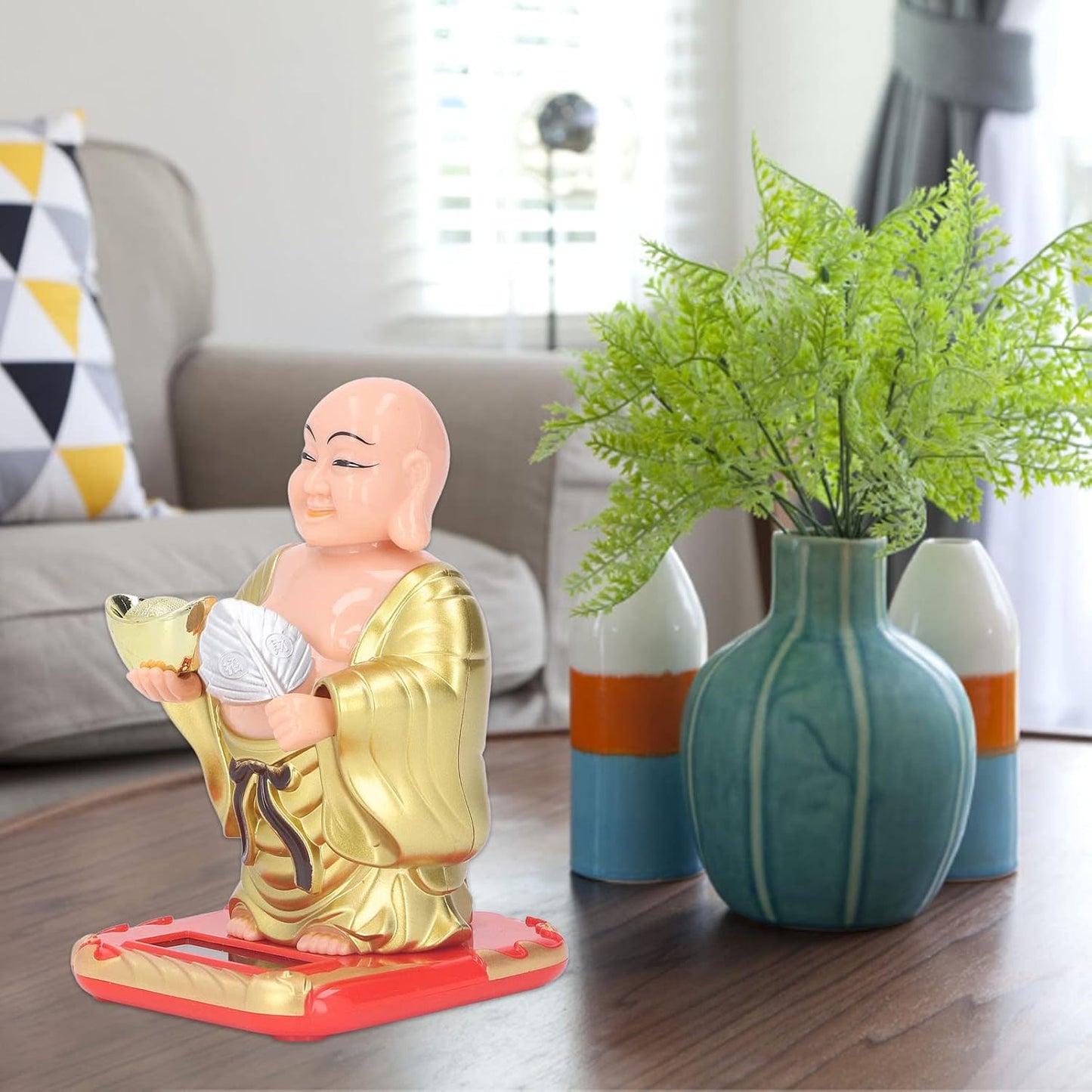 Standing Maitreya Buddha Solar Ornaments, Light Energy Sensing Automatically Wave Hand Nod Head Car Dashboard Ornament Home Wealth Health Lucky Ornaments