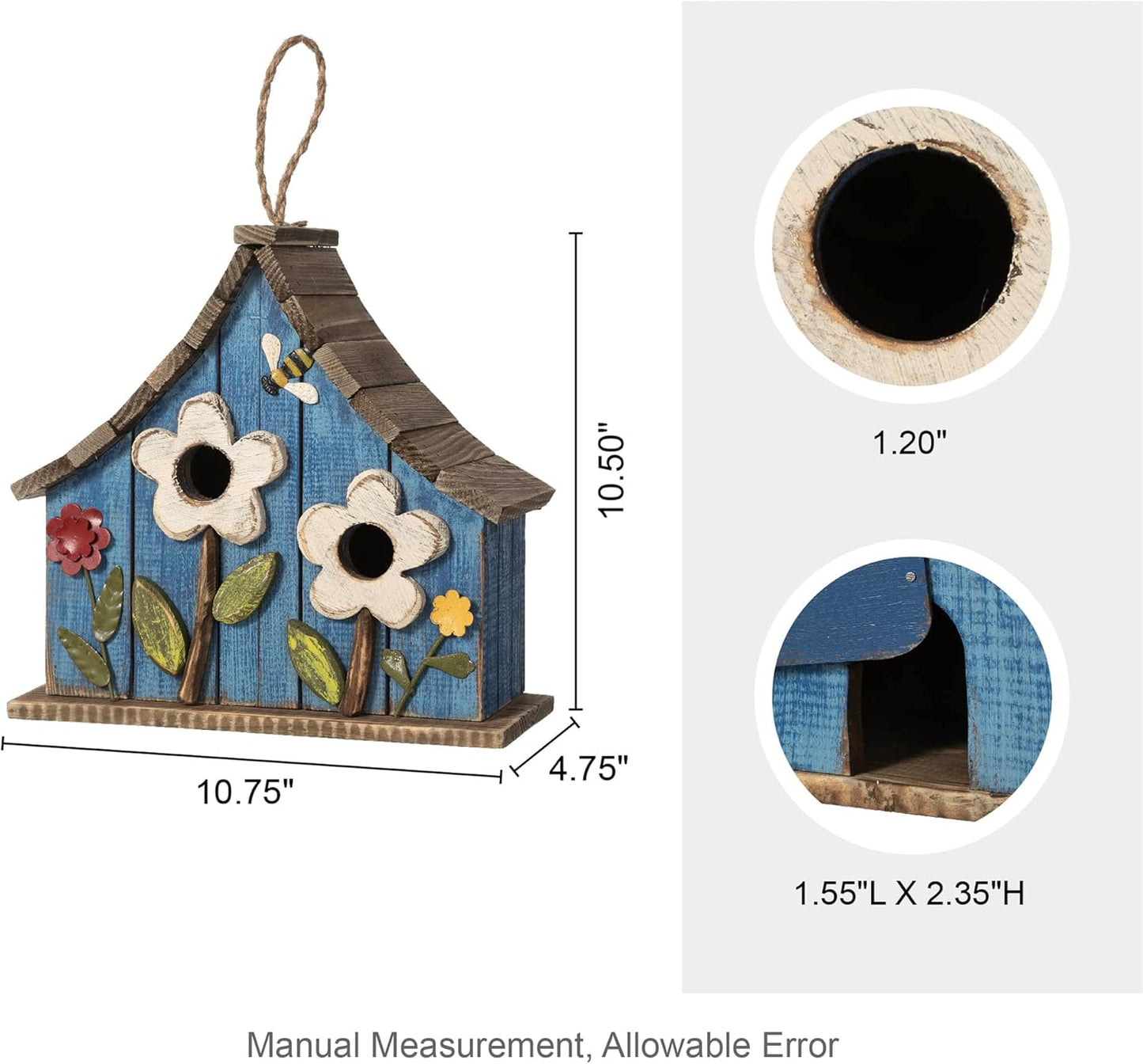 Glitzhome 10.5" H Hanging Birdhouse Washed Blue Distressed Decorative Wooden Two-Story Townhouse with 3D Flowers for Outside