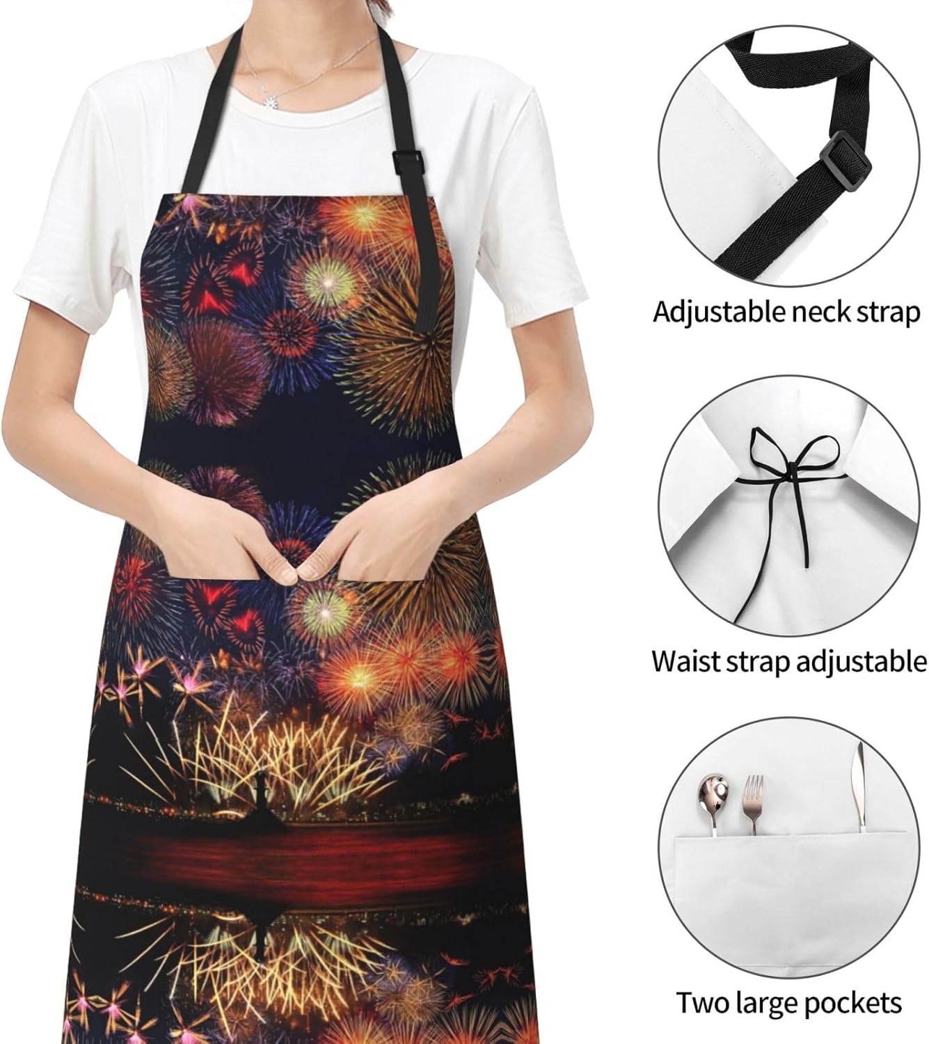 Fireworks Print 28x33 In Adult Kitchen Apron with Pockets Versatile Chef Smock for Cooking Baking