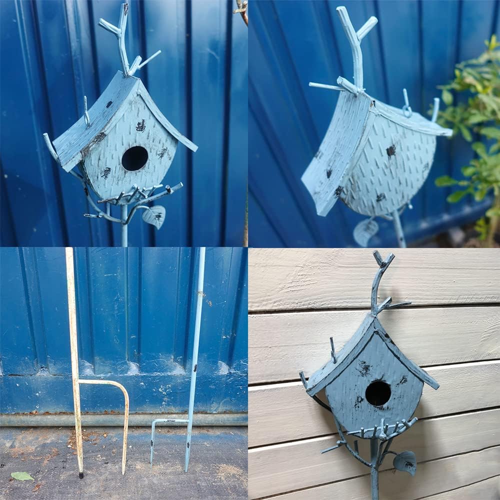 Bird Houses for Outside with Pole, Metal Birdhouse Stake for Outdoors Rustic Bird House On Pole Stand Farmhouse Birdhouse Decor Decorative Garden Yard Art 39" H Blue