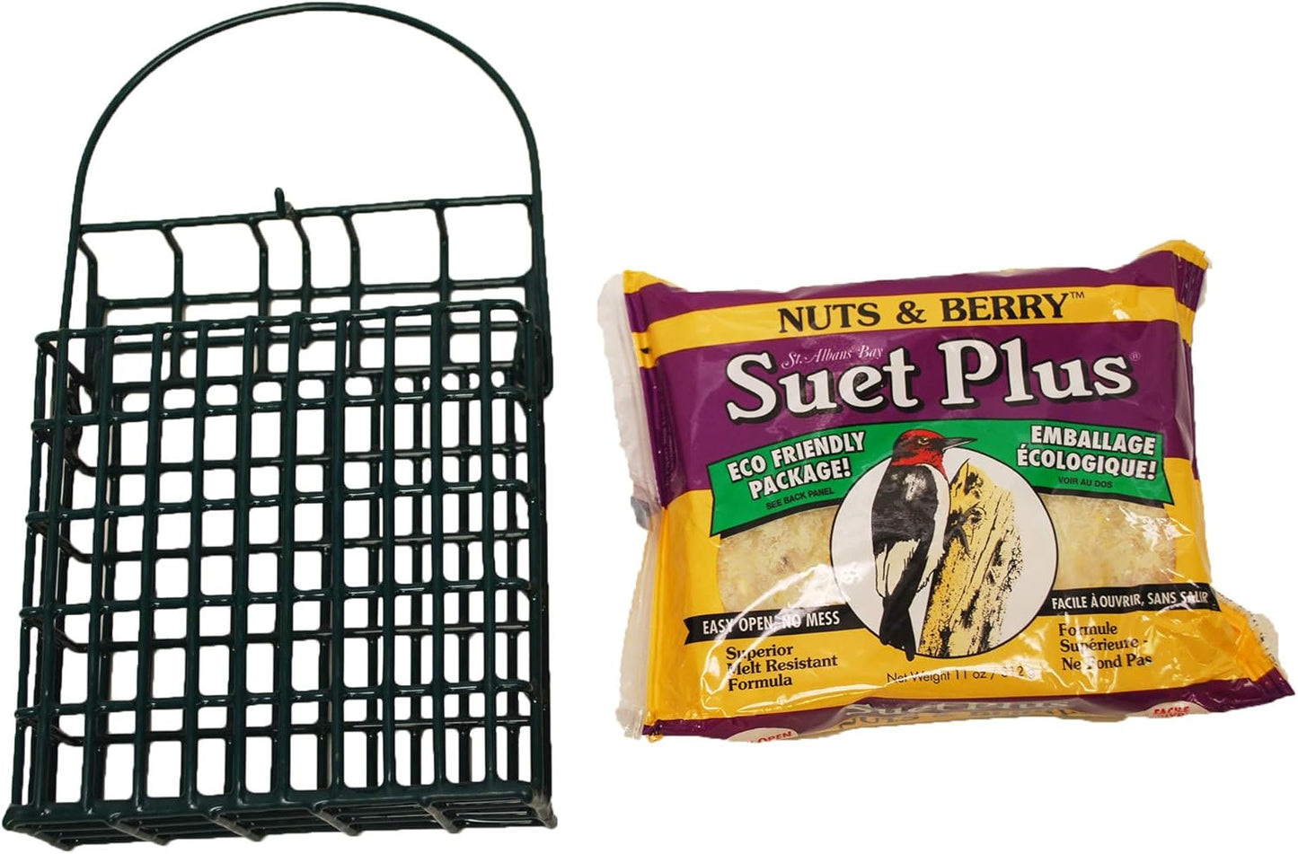 Wildlife Sciences Suet Feeder Cage Suet Cake Combo for Wild Birds | Includes 1 Suet Feeder and 11 Ounce Nuts and Berry Cake