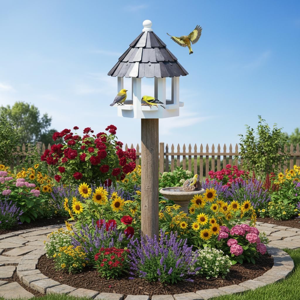 2026 XL Gazebo Bird Feeder for Outside Post, Water Proof Shingle Thick Metal Roof Bird House Birdfeeder for Post Mount, Flythrough Style Black 10 Lbs Capacity 15" x 15" x22" Without Post