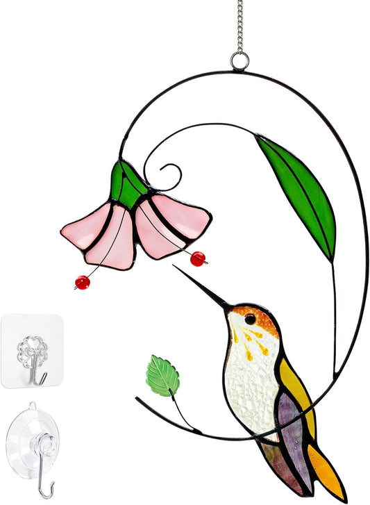 Handmade Tiffany Copper Foil Stained Glass Hummingbird Suncatcher - 8 