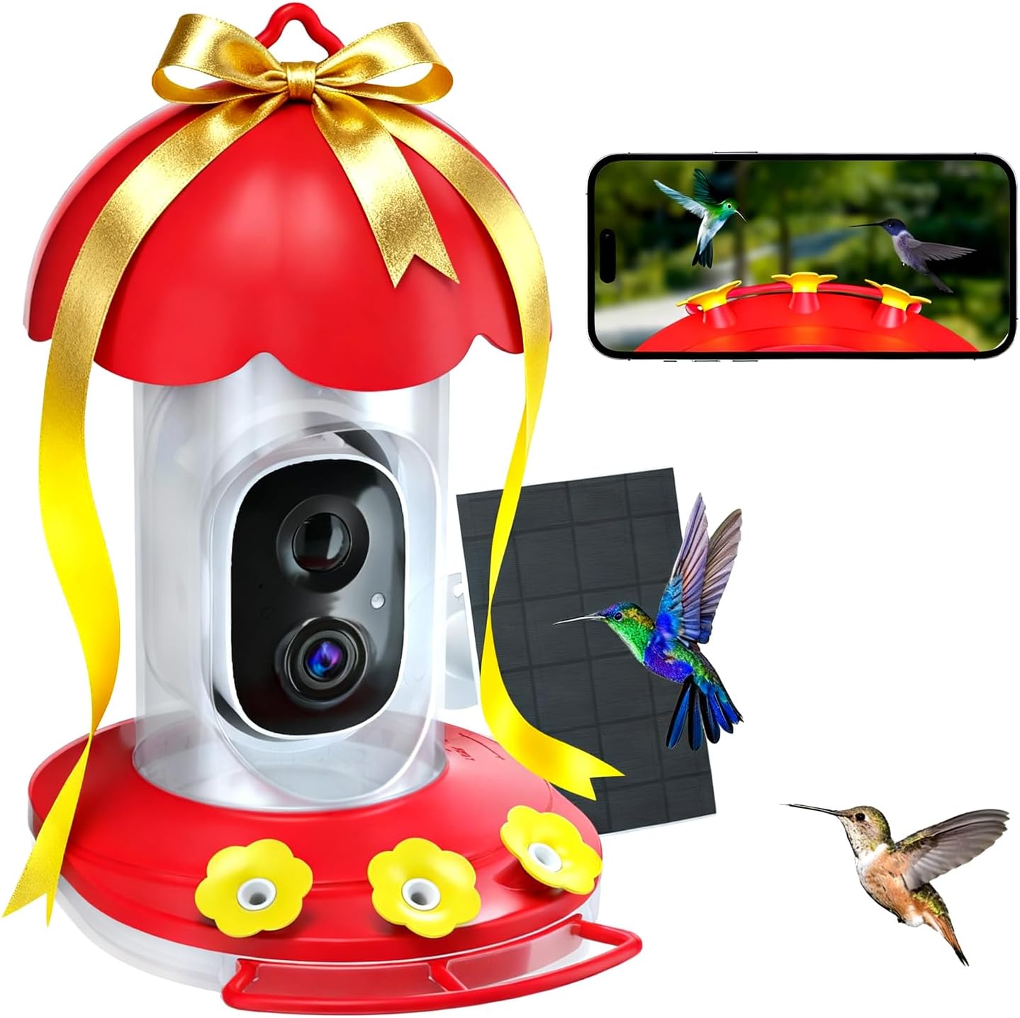 Hummingbird Feeder with Camera Solar Powered, Hummingbird Feeders for Outdoors with 2K Bird Watching Camera, Ideal Gifts for Christmas, White Elephant Gifts