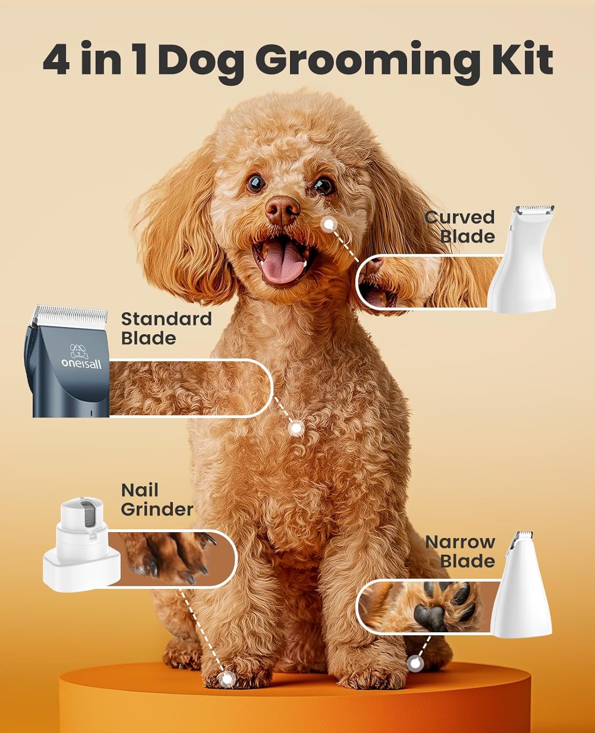 oneisall 4 in 1 Dog Clippers and Paw Trimmer Grooming Kit, Low Noise C