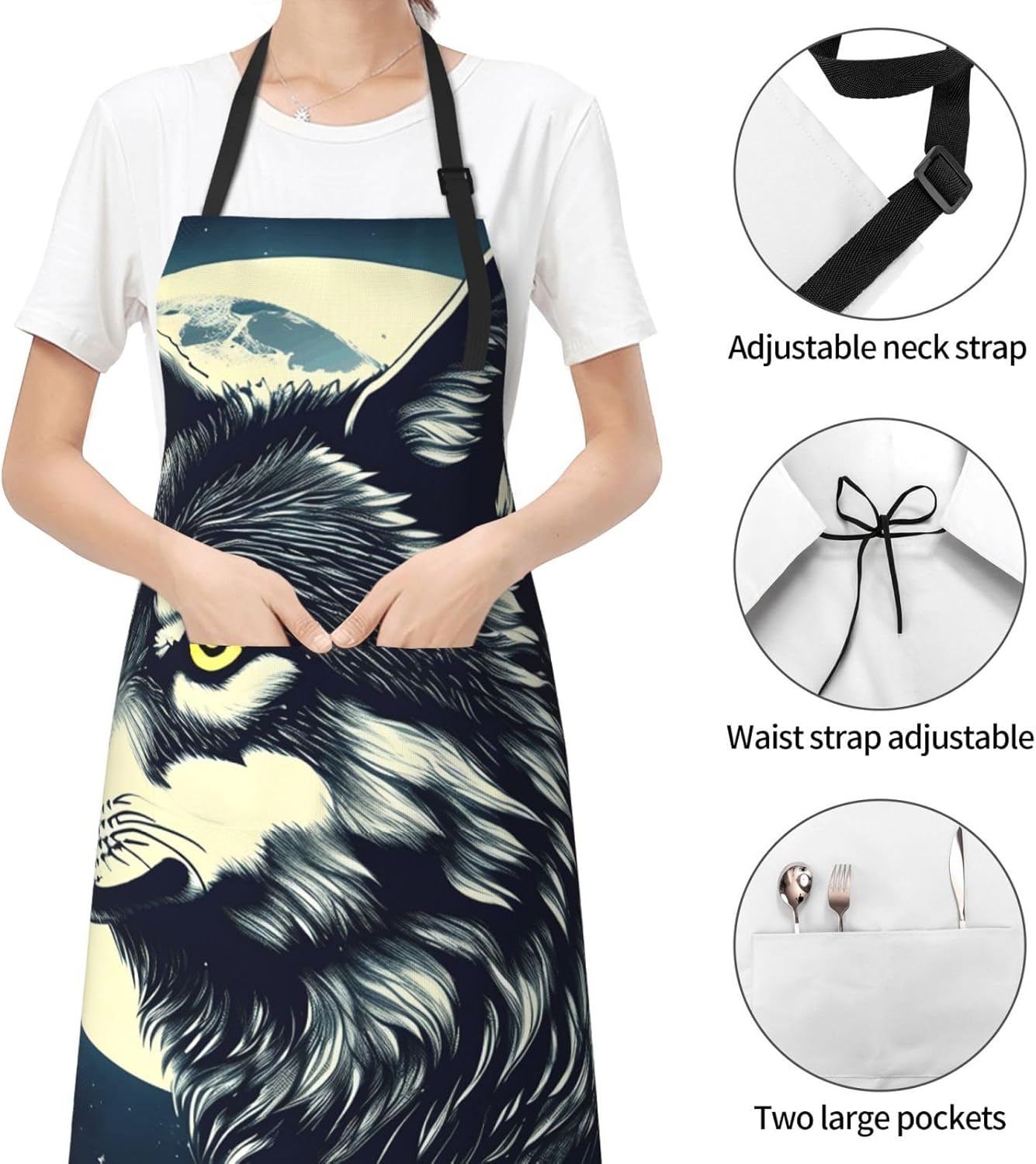 YANYU Wolf Night Moon Print 28x33 In Kitchen Apron Stylish Chef Apron with Pockets for Cooking Baking Painting