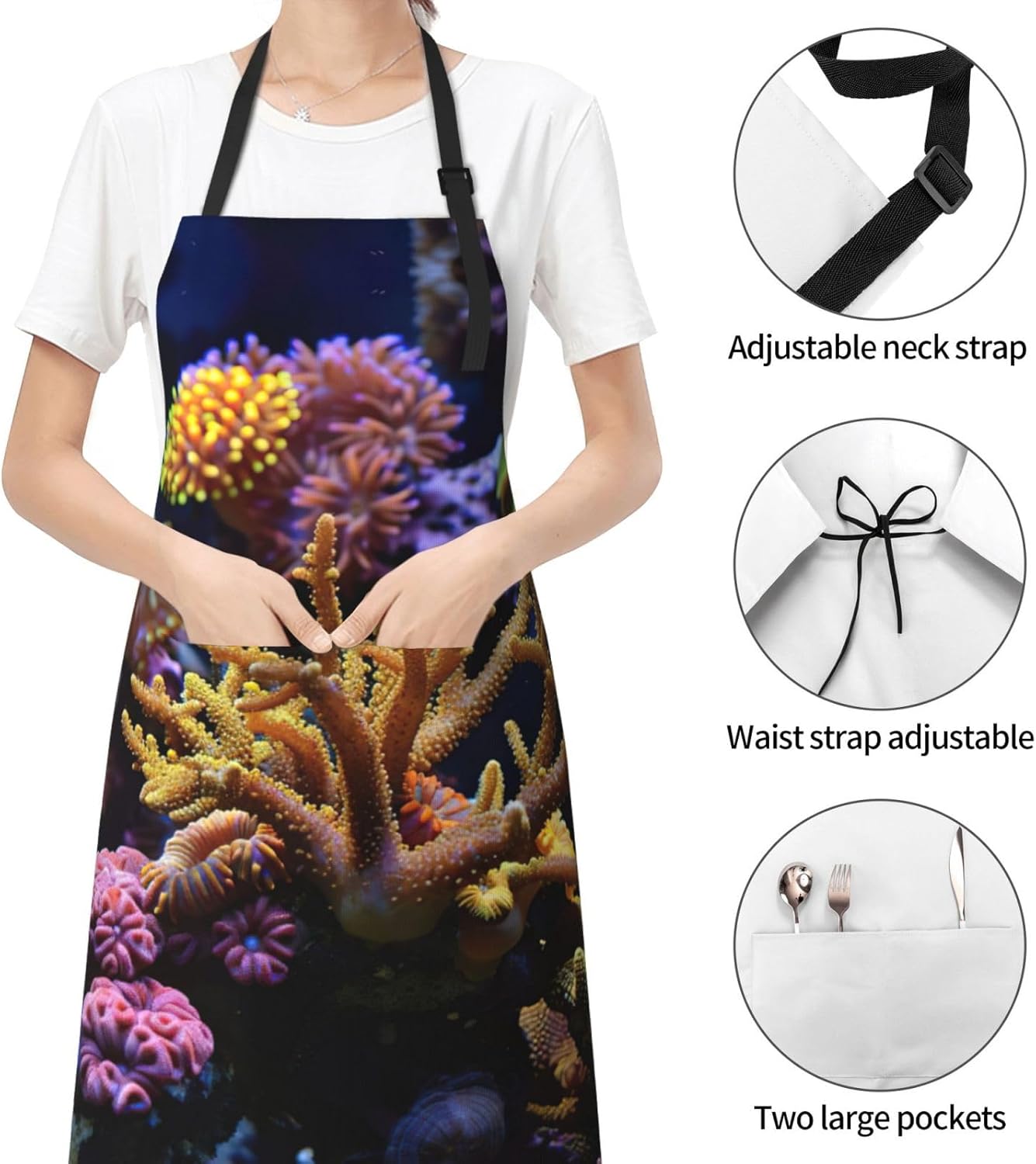 Coral Reef print Waterproof chef's apron with pocket apron for kitchen cooking baking barbecue and gardening