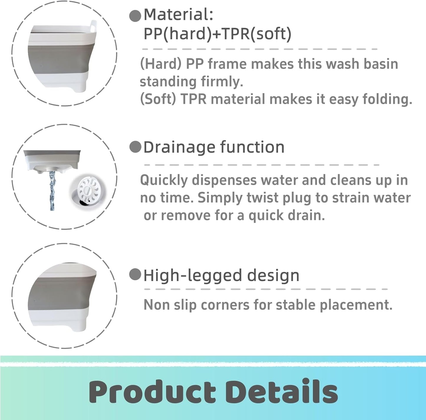 Collapsible Wash Basin with Drain Plug - 2.4 Gallon Foldable Kitchen Sink for Baby Bottles, RV Camping, Space-Saving Dish Tub (Gray)