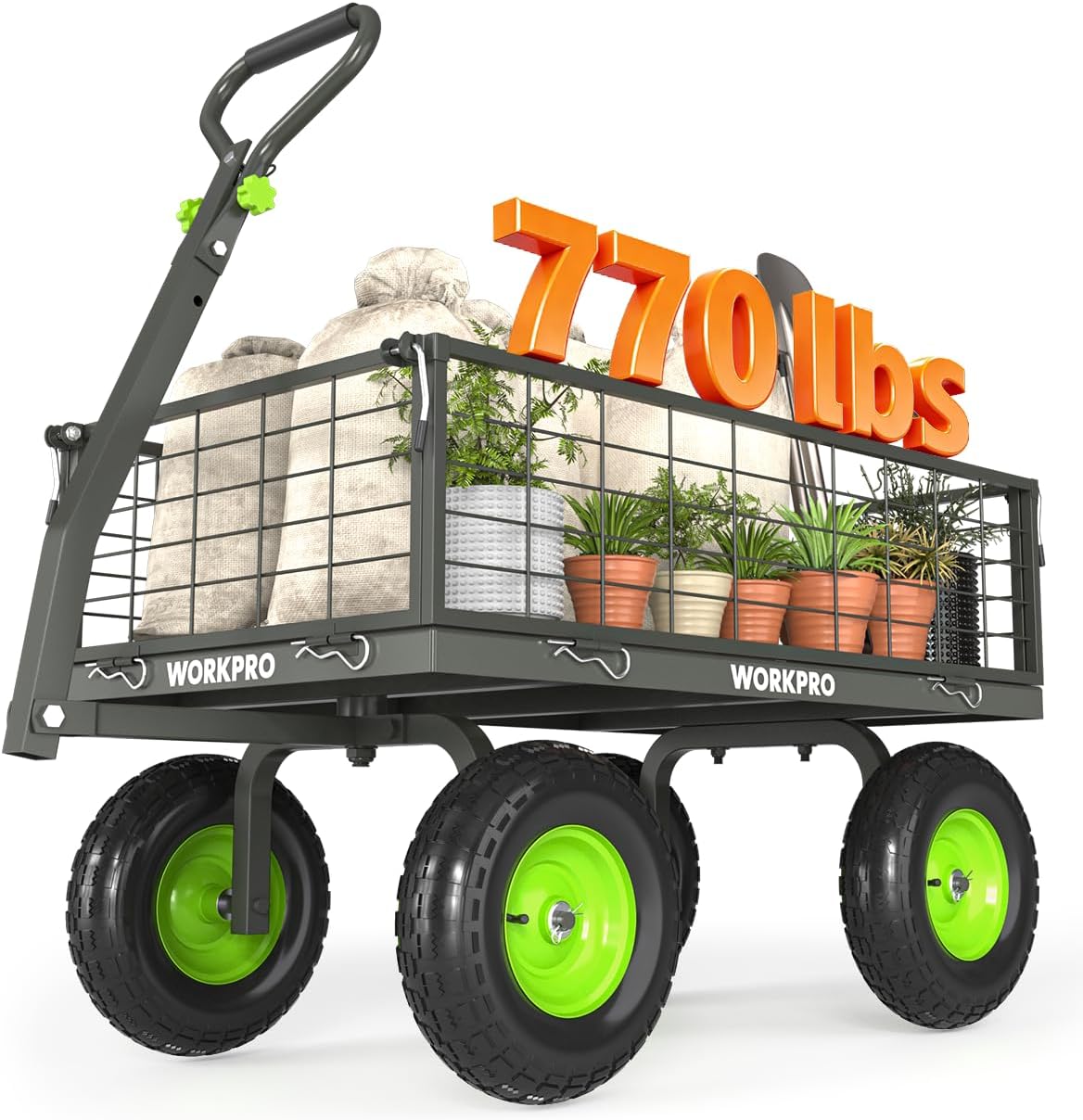 WORKPRO Large Heavy Duty Garden Cart 770 lb, 2-in-1 Convertible Utility Wagon with Removable Sides, 180° Tow Handle for ATV or Lawn Tractor, 270° Steering, Extra Large Yard Cart with All Terrain Tires