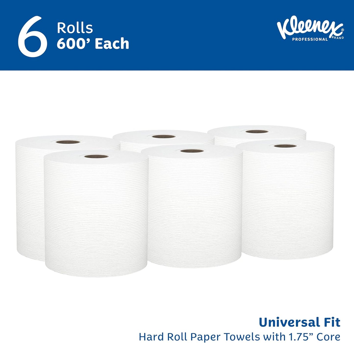 Kleenex Professional Universal Hard Roll Paper Towels, Bulk (50606), Hardwound 1.75" Core, Premium Absorbency Pockets, White (6 Rolls at 600' Each, 3,600'/Case)