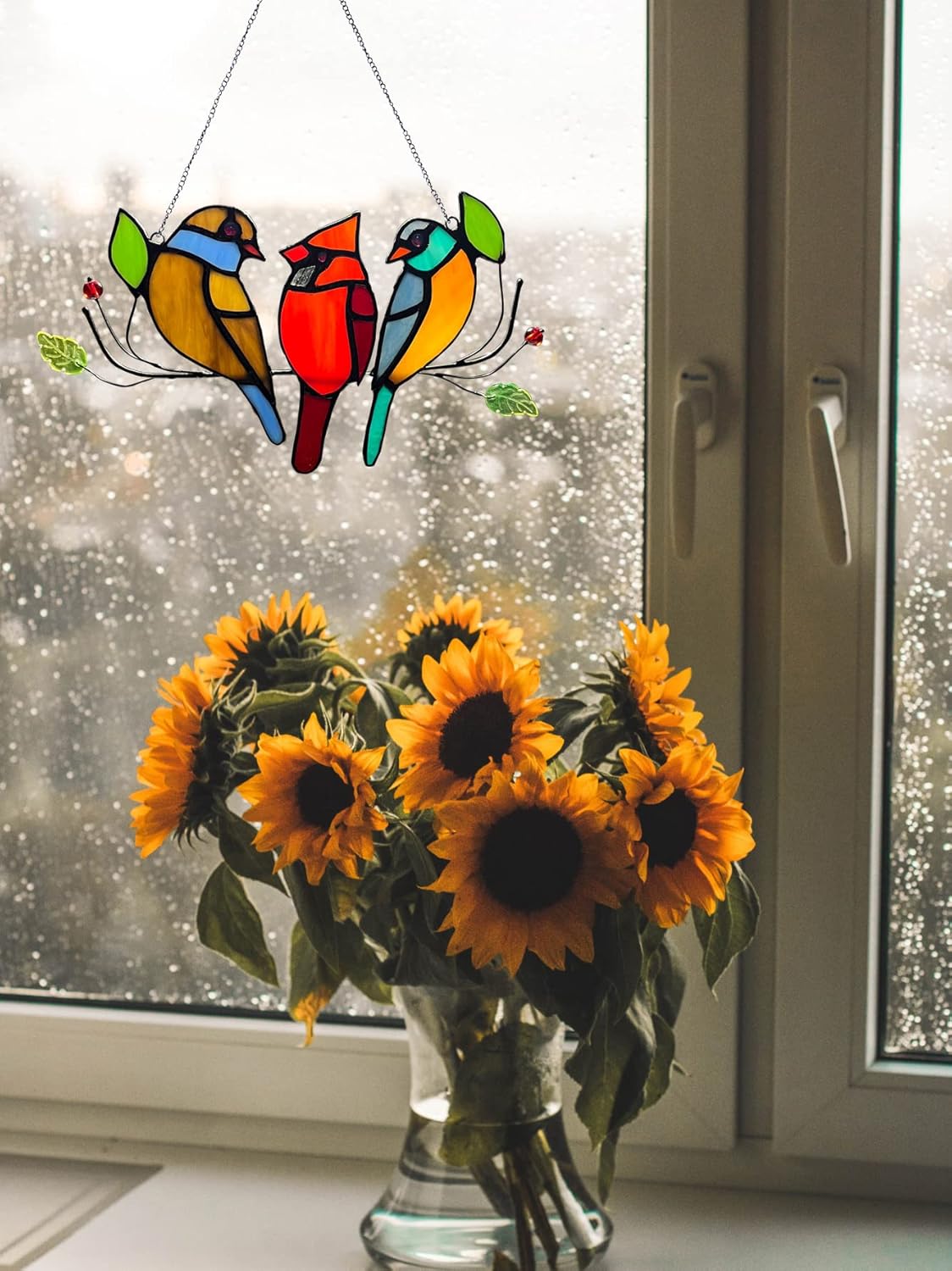 Cardinal Gifts Stained Glass Window Hangings, Suncatcher for Window Multicolor Bird On A Wire Panel Decor Series Ornament Home Wall Garden Decoration Bird Love Gifts