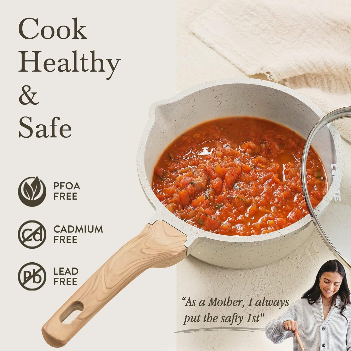 CAROTE 1.5Qt & 3.0Qt Sauce Pan Sets with Lid Cooking Pots Nonstick Saucepans Cookware Set with Pour Spout Small Kitchen Pot, Induction Comptable, Easy to Clean, PFOA FREE (White Granite)